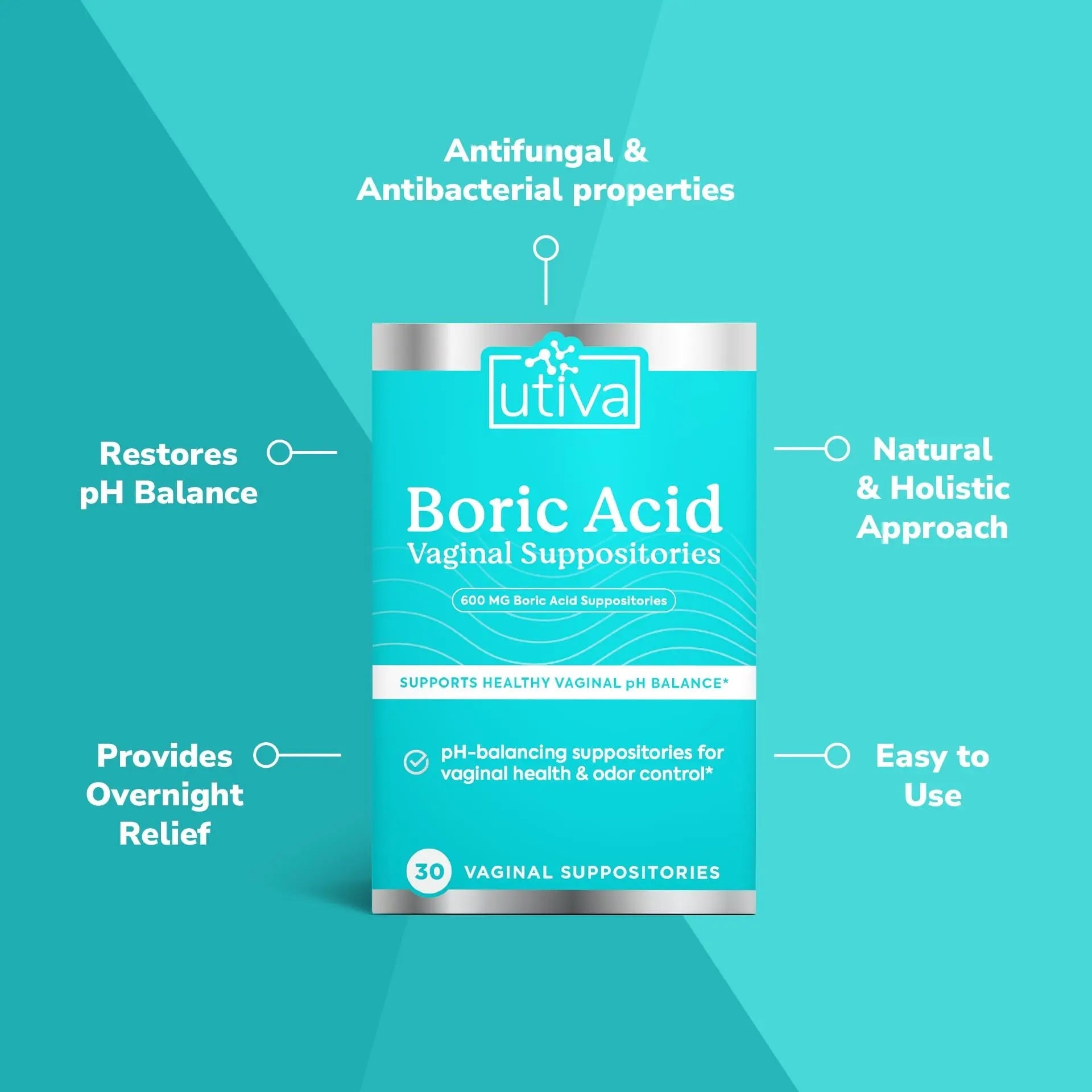 10% Bundle Utiva Boric Acid - 600mg 30-Boric Acid Vaginal Suppositories to Lower pH and Support Vaginal Health + Utiva Suppository Applicators – Hygienic Individually Wrapped 15 Vaginal Applicators - TrustMedUSA