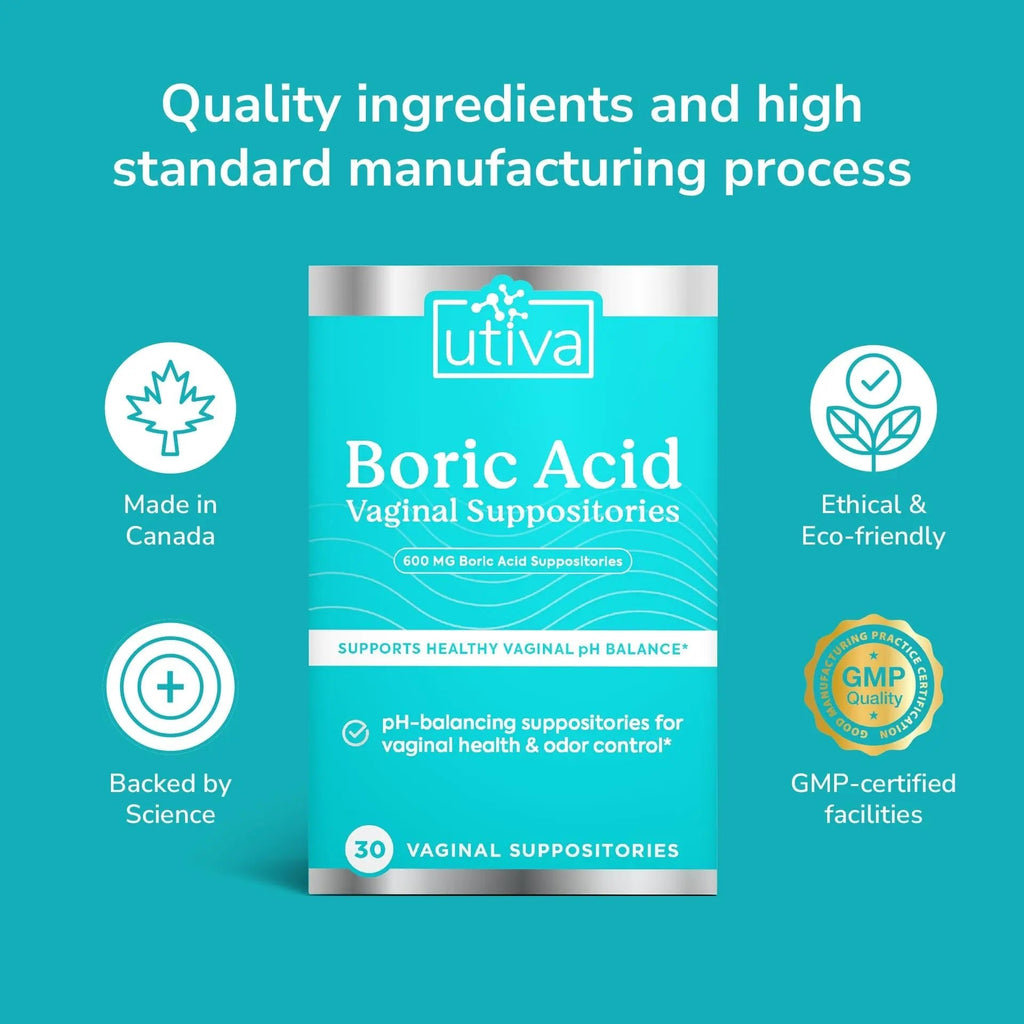 10% Bundle Utiva Boric Acid - 600mg 30-Boric Acid Vaginal Suppositories to Lower pH and Support Vaginal Health + Utiva Suppository Applicators – Hygienic Individually Wrapped 15 Vaginal Applicators - TrustMedUSA