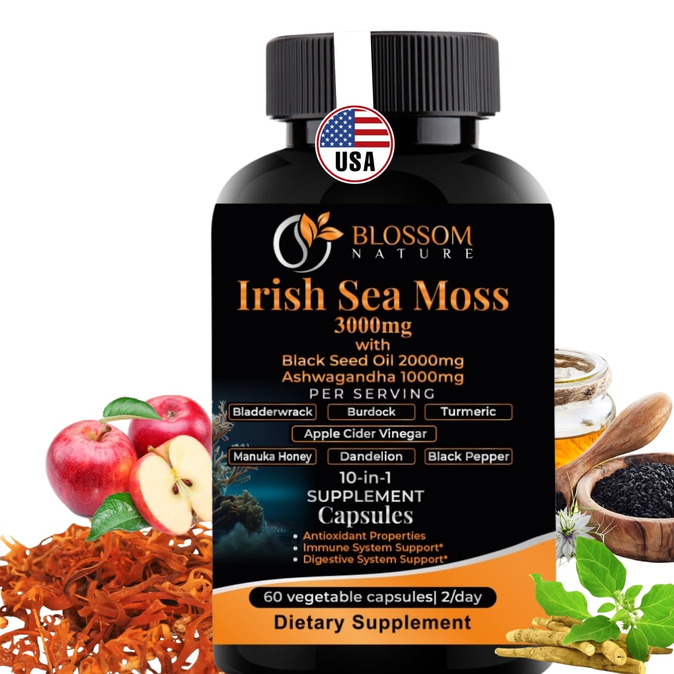 10-in-1 Irish Sea Moss Veggie Caps 3000mg Black Seed Oil Ashwagandha Bladderwrack Burdock Turmeric Apple Cider Vinegar Manuka Honey Dandelion Black Pepper - Made in US(Veggie Caps, Unflavored) - TrustMedUSA