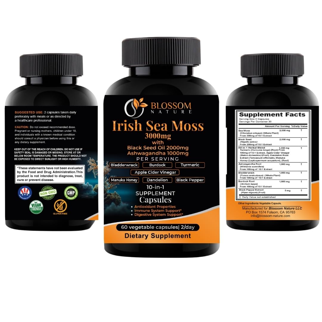 10-in-1 Irish Sea Moss Veggie Caps 3000mg Black Seed Oil Ashwagandha Bladderwrack Burdock Turmeric Apple Cider Vinegar Manuka Honey Dandelion Black Pepper - Made in US(Veggie Caps, Unflavored) - TrustMedUSA