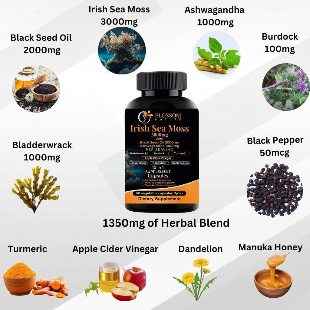 10-in-1 Irish Sea Moss Veggie Caps 3000mg Black Seed Oil Ashwagandha Bladderwrack Burdock Turmeric Apple Cider Vinegar Manuka Honey Dandelion Black Pepper - Made in US(Veggie Caps, Unflavored) - TrustMedUSA