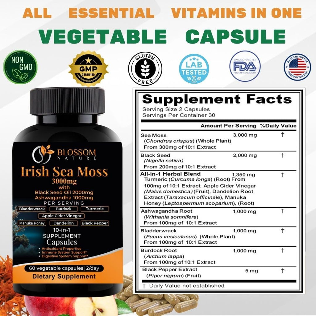 10-in-1 Irish Sea Moss Veggie Caps 3000mg Black Seed Oil Ashwagandha Bladderwrack Burdock Turmeric Apple Cider Vinegar Manuka Honey Dandelion Black Pepper - Made in US(Veggie Caps, Unflavored) - TrustMedUSA
