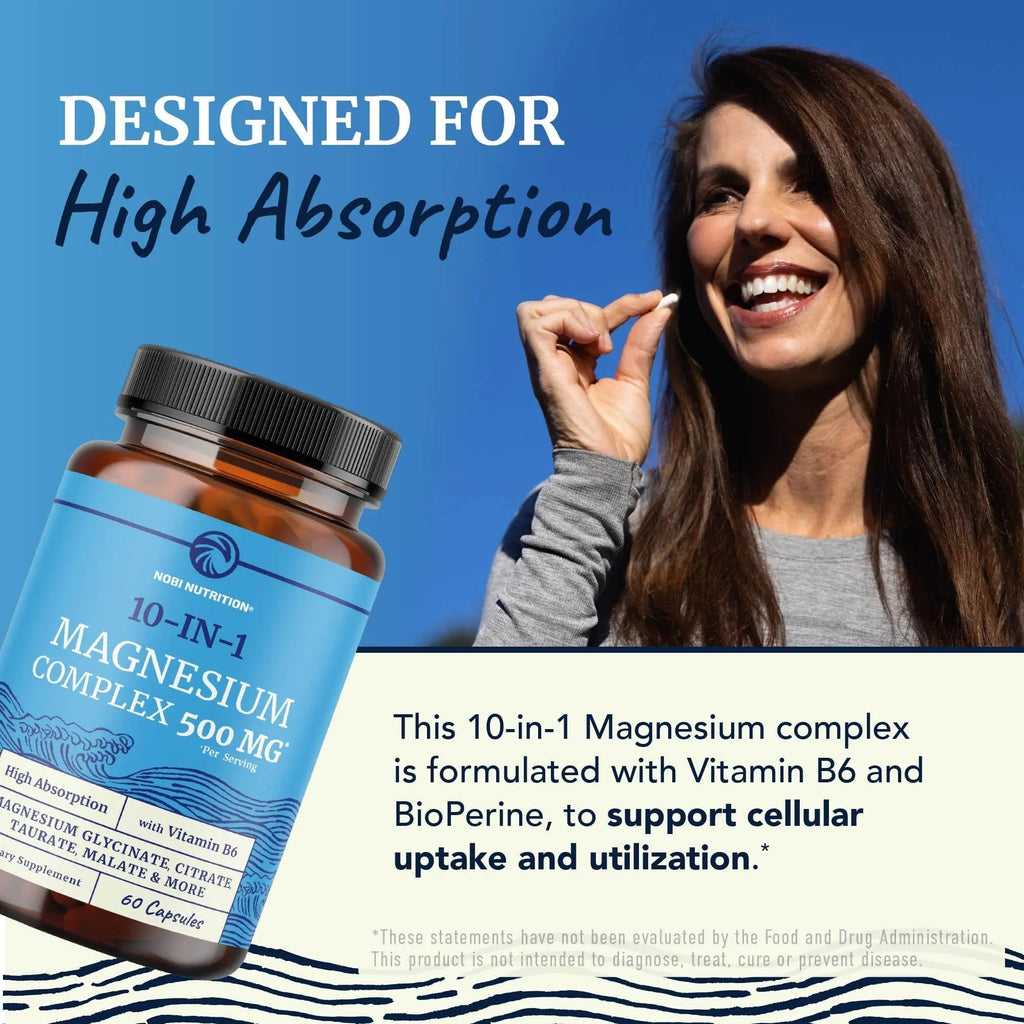 10 in 1 Magnesium Complex Supplement 500MG | Magnesium Citrate, Mag Glycinate, Malate & More | High Absorption Mag Complex with Vitamin B6 | Bone, Muscle & Heart Health Support | Non-GMO | 60 Ct. - TrustMedUSA