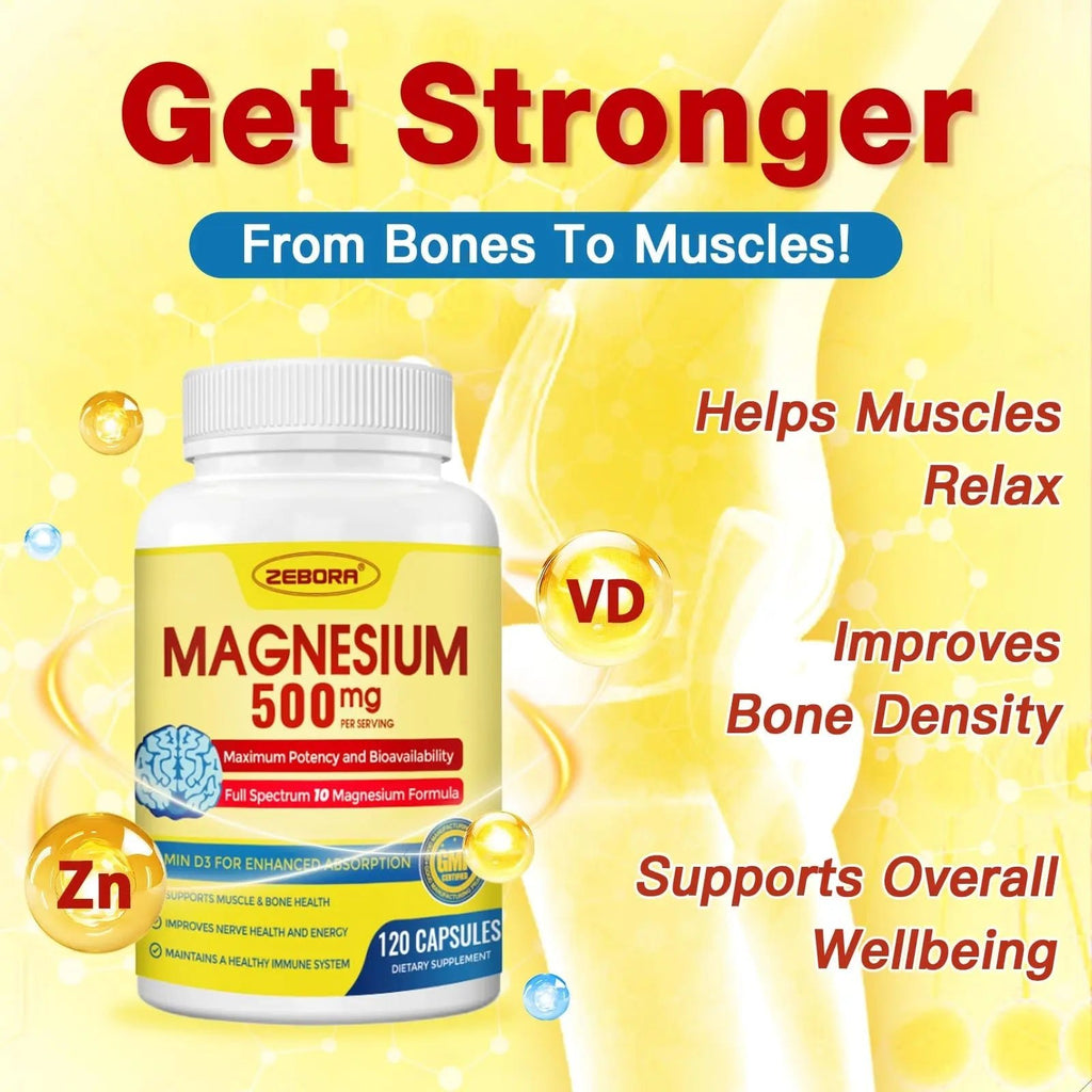 10-in-1 Magnesium Complex Supplement, Magnesium Glycinate 500mg with Citrate & Malate, Chelated High Absorption Plus Vitamin D3 & Zinc - for Nerve, Muscle & Bone Support - 120 Capsules - TrustMedUSA