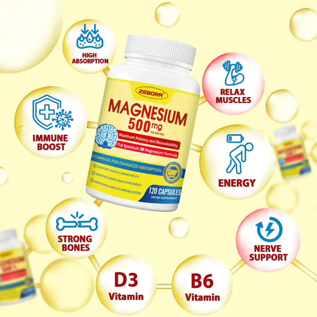 10-in-1 Magnesium Complex Supplement, Magnesium Glycinate 500mg with Citrate & Malate, Chelated High Absorption Plus Vitamin D3 & Zinc - for Nerve, Muscle & Bone Support - 120 Capsules - TrustMedUSA