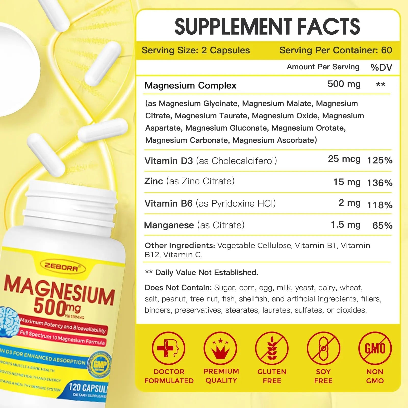 10-in-1 Magnesium Complex Supplement, Magnesium Glycinate 500mg with Citrate & Malate, Chelated High Absorption Plus Vitamin D3 & Zinc - for Nerve, Muscle & Bone Support - 120 Capsules - TrustMedUSA