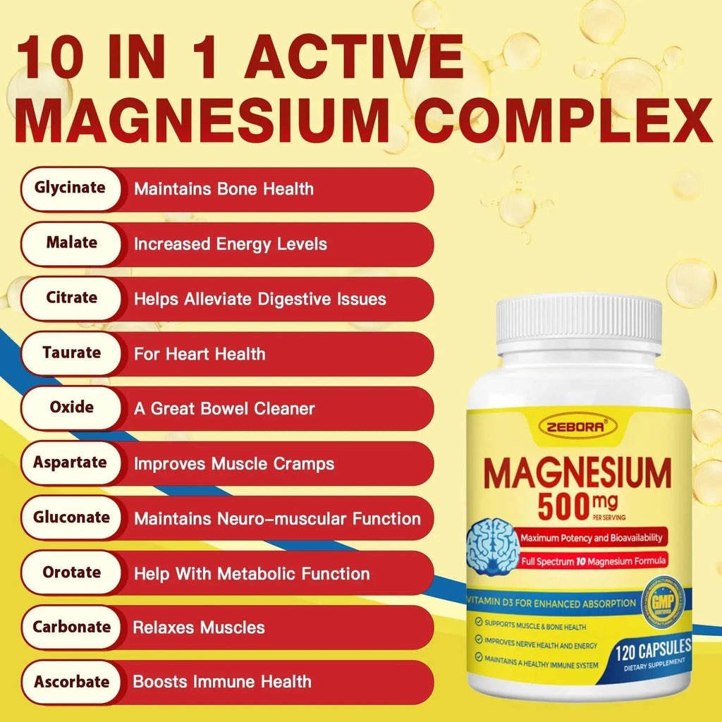 10-in-1 Magnesium Complex Supplement, Magnesium Glycinate 500mg with Citrate & Malate, Chelated High Absorption Plus Vitamin D3 & Zinc - for Nerve, Muscle & Bone Support - 120 Capsules - TrustMedUSA