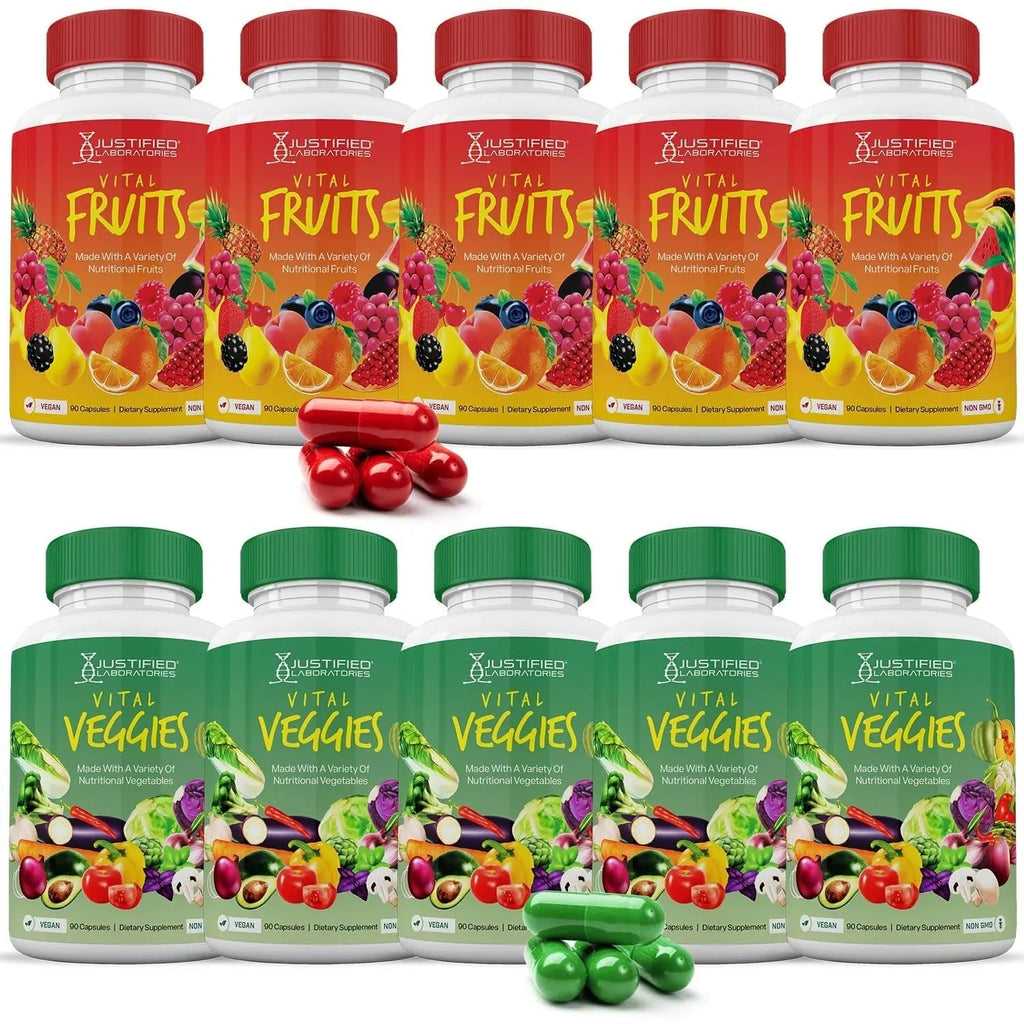 (10 Pack) Vital Fruits and Veggies Supplement Whole Food Red & Green Superfoods Non GMO Vegan Friendly 900 Veggie Capsules 10 Bottles - TrustMedUSA