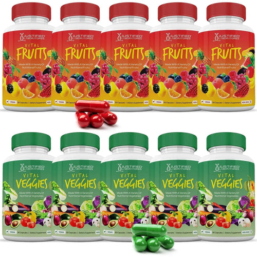 (10 Pack) Vital Fruits and Veggies Supplement Whole Food Red & Green Superfoods Non GMO Vegan Friendly 900 Veggie Capsules 10 Bottles - TrustMedUSA