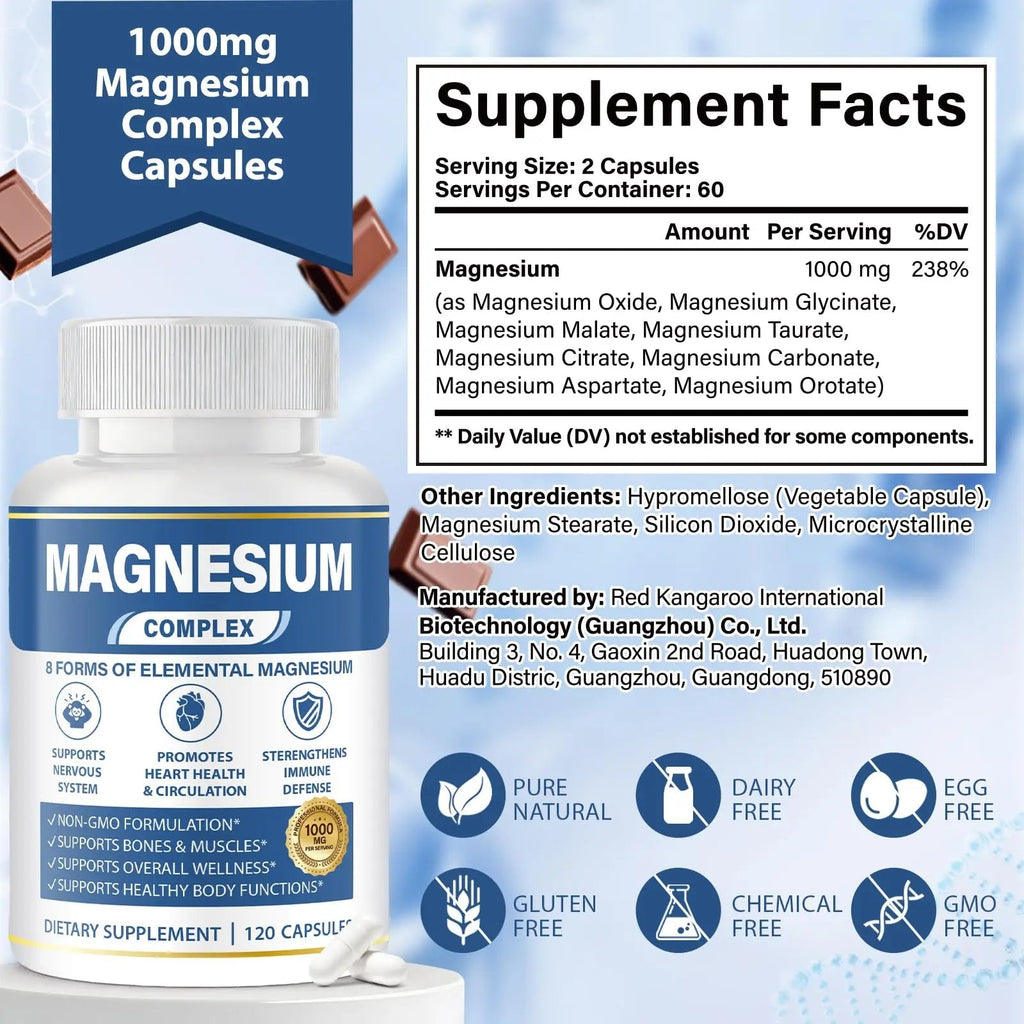 1000mg Magnesium Complex 8 in 1 for Women & Men – Magnesium Glycinate, Citrate, Malate, Taurate, Oxide, Carbonate, Aspartate, Orotate – Vegan Non-GMO, for Sleep, Fatigue & Heart Health, 120 Capsules - TrustMedUSA