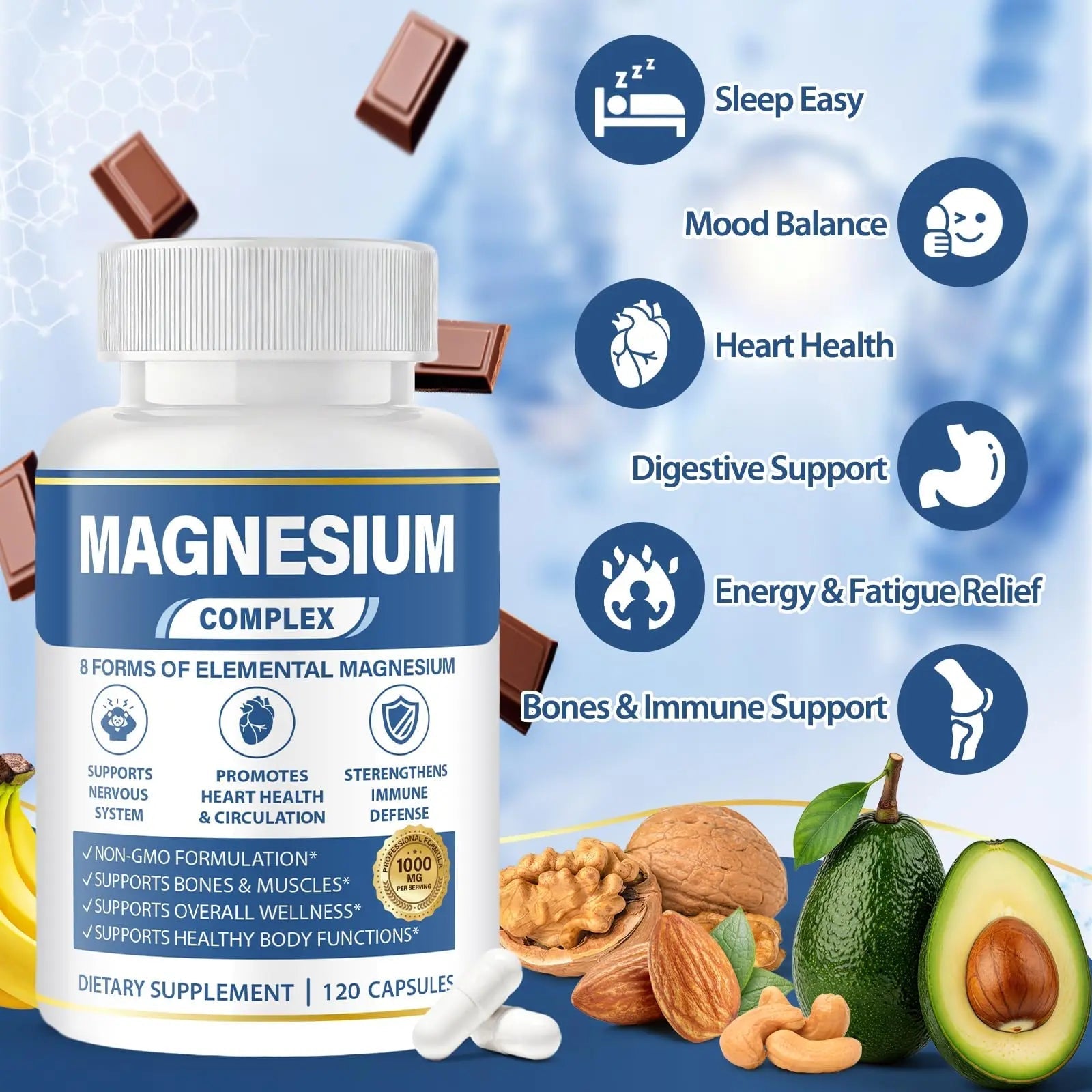 1000mg Magnesium Complex 8 in 1 for Women & Men – Magnesium Glycinate, Citrate, Malate, Taurate, Oxide, Carbonate, Aspartate, Orotate – Vegan Non-GMO, for Sleep, Fatigue & Heart Health, 120 Capsules - TrustMedUSA