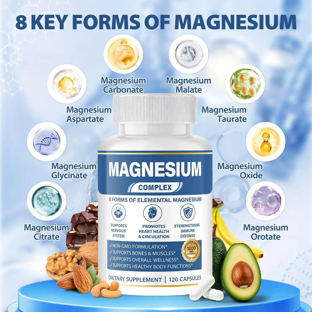 1000mg Magnesium Complex 8 in 1 for Women & Men – Magnesium Glycinate, Citrate, Malate, Taurate, Oxide, Carbonate, Aspartate, Orotate – Vegan Non-GMO, for Sleep, Fatigue & Heart Health, 120 Capsules - TrustMedUSA