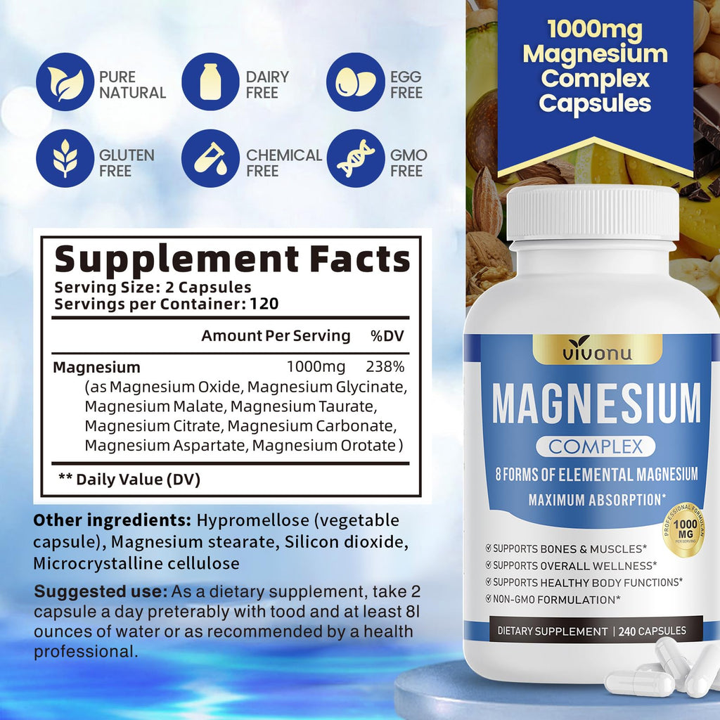1000mg Magnesium Complex Capsules, 8-in-1 Magnesium Glycinate, Citrate, Malate, Taurate, Oxide, Carbonate, Aspartate, Orotate - 240 Capsules - TrustMedUSA