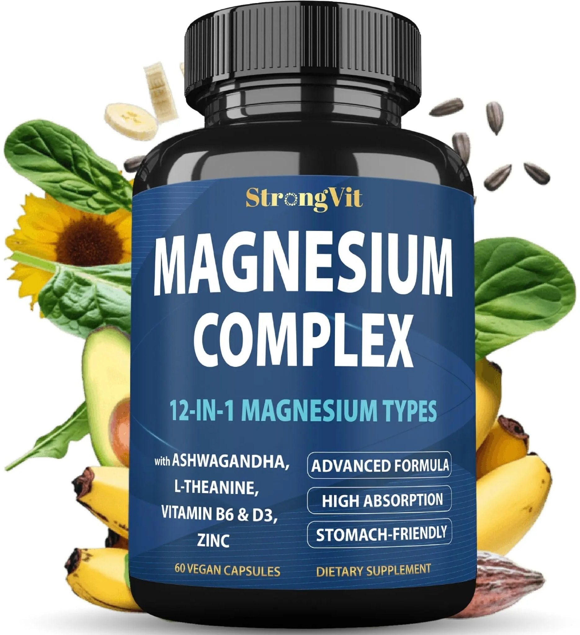 1000mg Magnesium Complex for Women and Men, 12 in 1 Magnesium Supplement with Ashwagandha, Zinc, D3, L-theanine. Easy to Swallow, High Absorption, Sleep Support & Stress Relief (60 Capsules) - TrustMedUSA