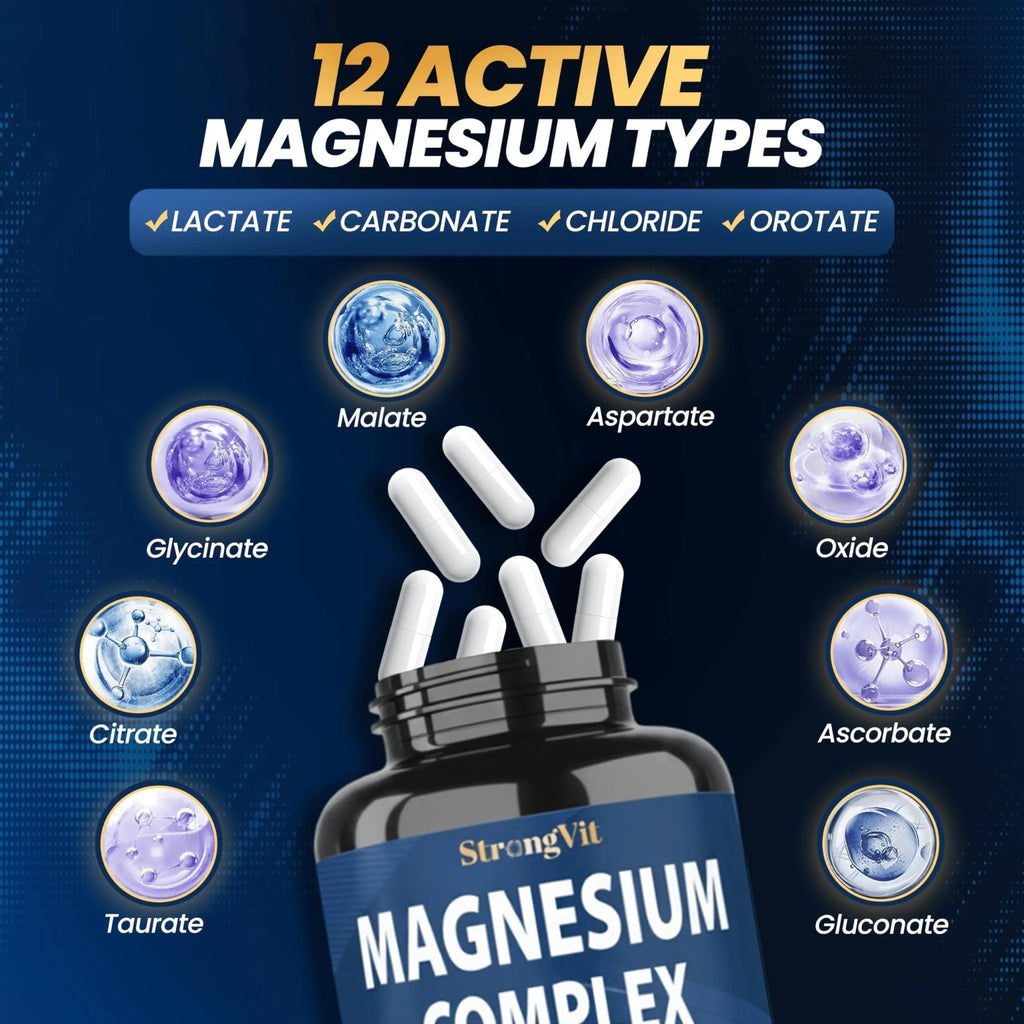 1000mg Magnesium Complex for Women and Men, 12 in 1 Magnesium Supplement with Ashwagandha, Zinc, D3, L-theanine. Easy to Swallow, High Absorption, Sleep Support & Stress Relief (60 Capsules) - TrustMedUSA
