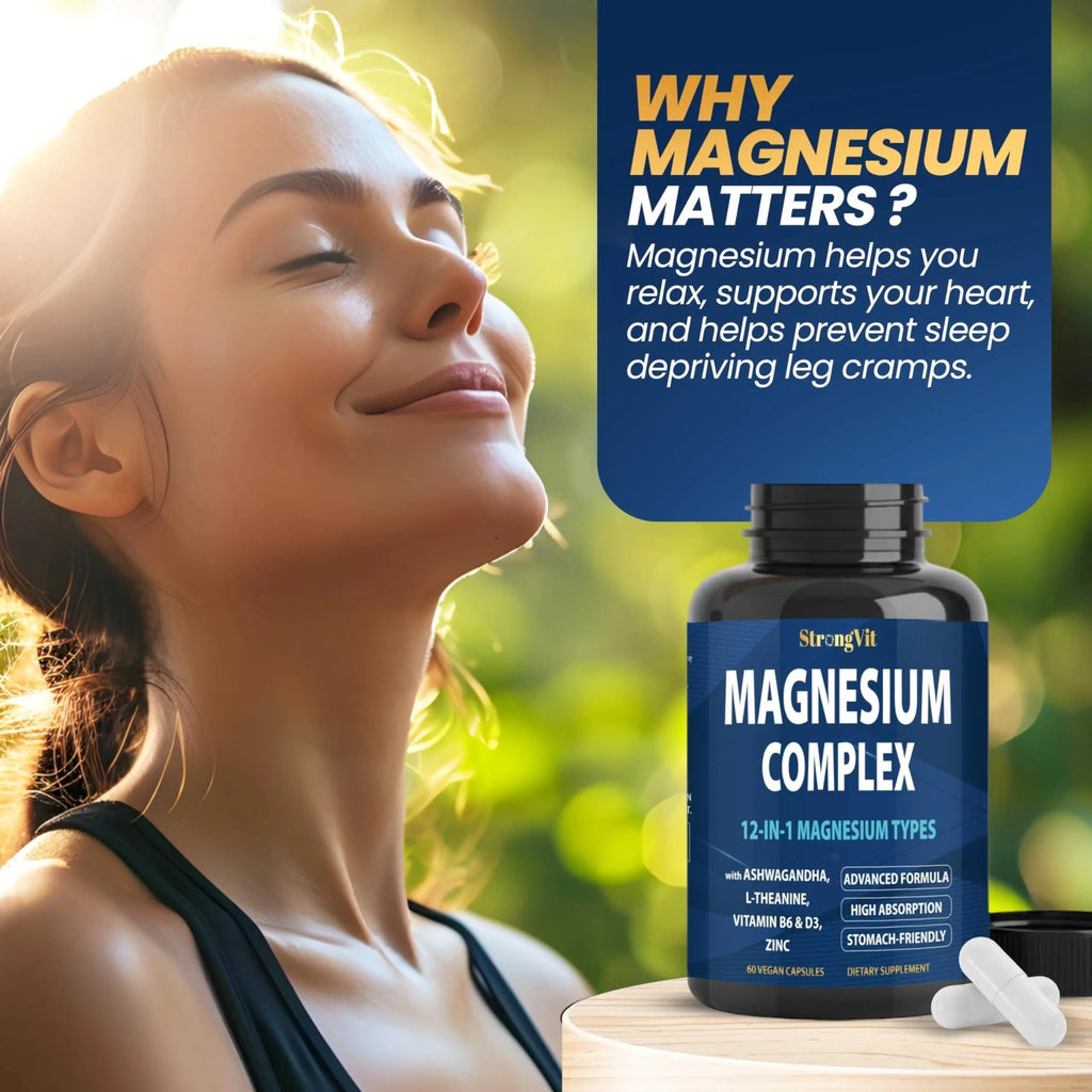 1000mg Magnesium Complex for Women and Men, 12 in 1 Magnesium Supplement with Ashwagandha, Zinc, D3, L-theanine. Easy to Swallow, High Absorption, Sleep Support & Stress Relief (60 Capsules) - TrustMedUSA