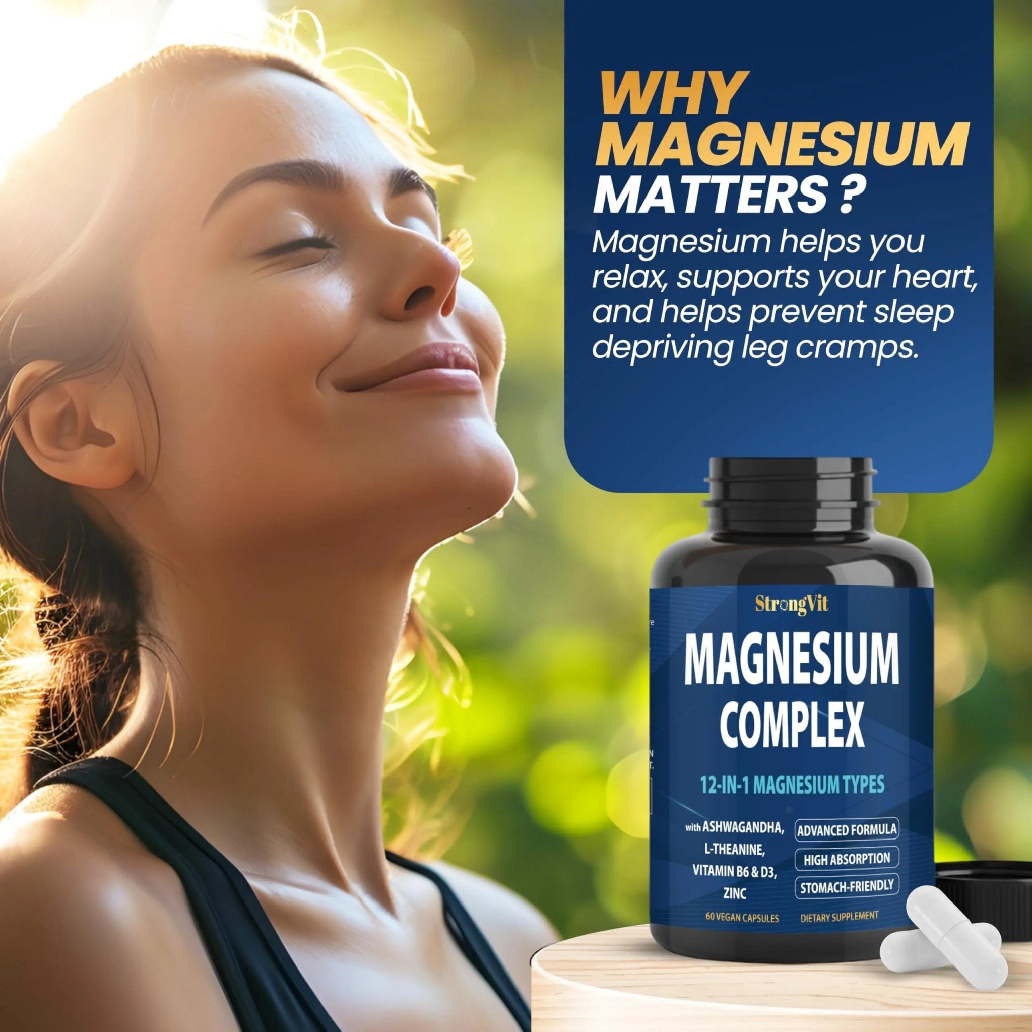 1000mg Magnesium Complex for Women and Men, 12 in 1 Magnesium Supplement with Ashwagandha, Zinc, D3, L-theanine. Easy to Swallow, High Absorption, Sleep Support & Stress Relief (60 Capsules) - TrustMedUSA