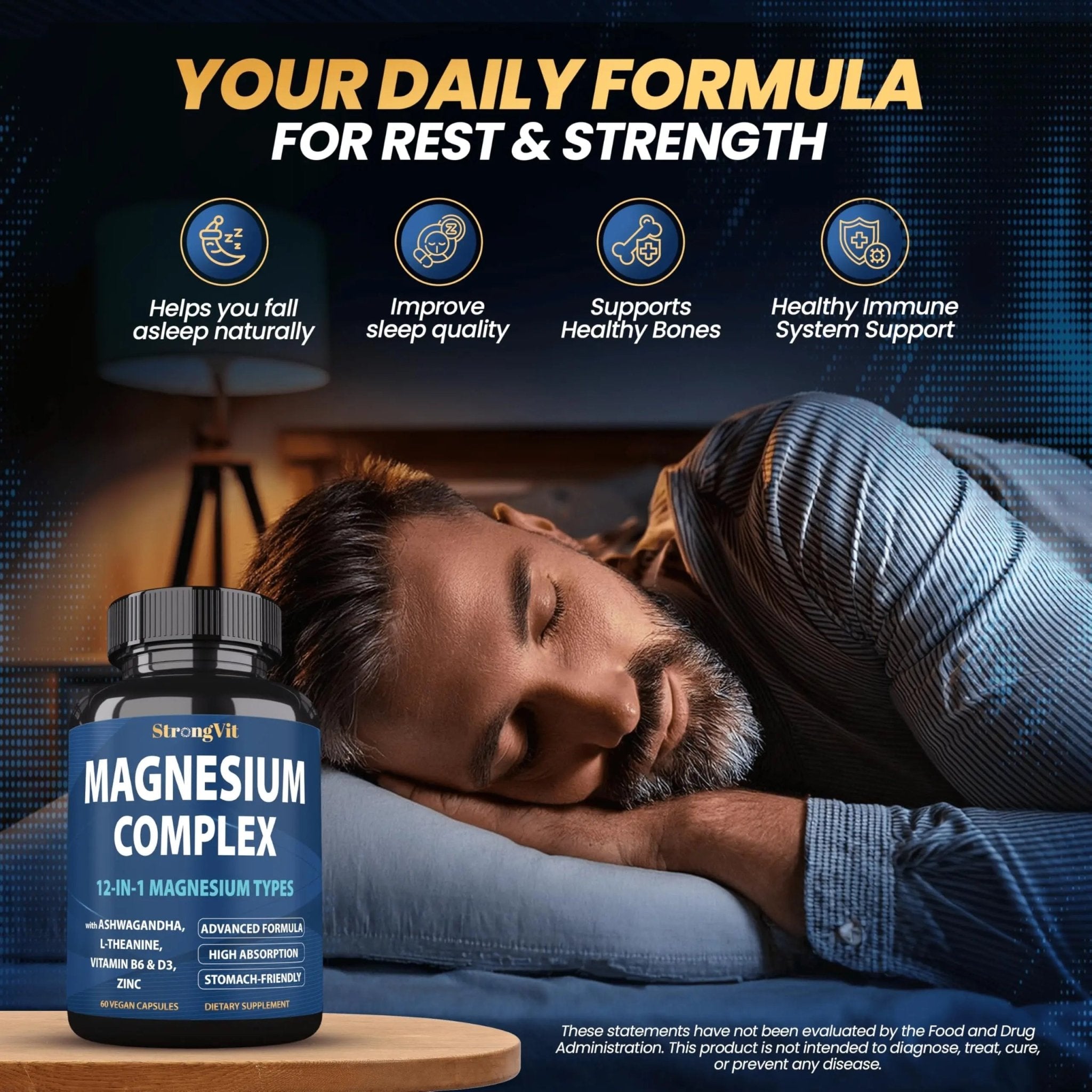 1000mg Magnesium Complex for Women and Men, 12 in 1 Magnesium Supplement with Ashwagandha, Zinc, D3, L-theanine. Easy to Swallow, High Absorption, Sleep Support & Stress Relief (60 Capsules) - TrustMedUSA