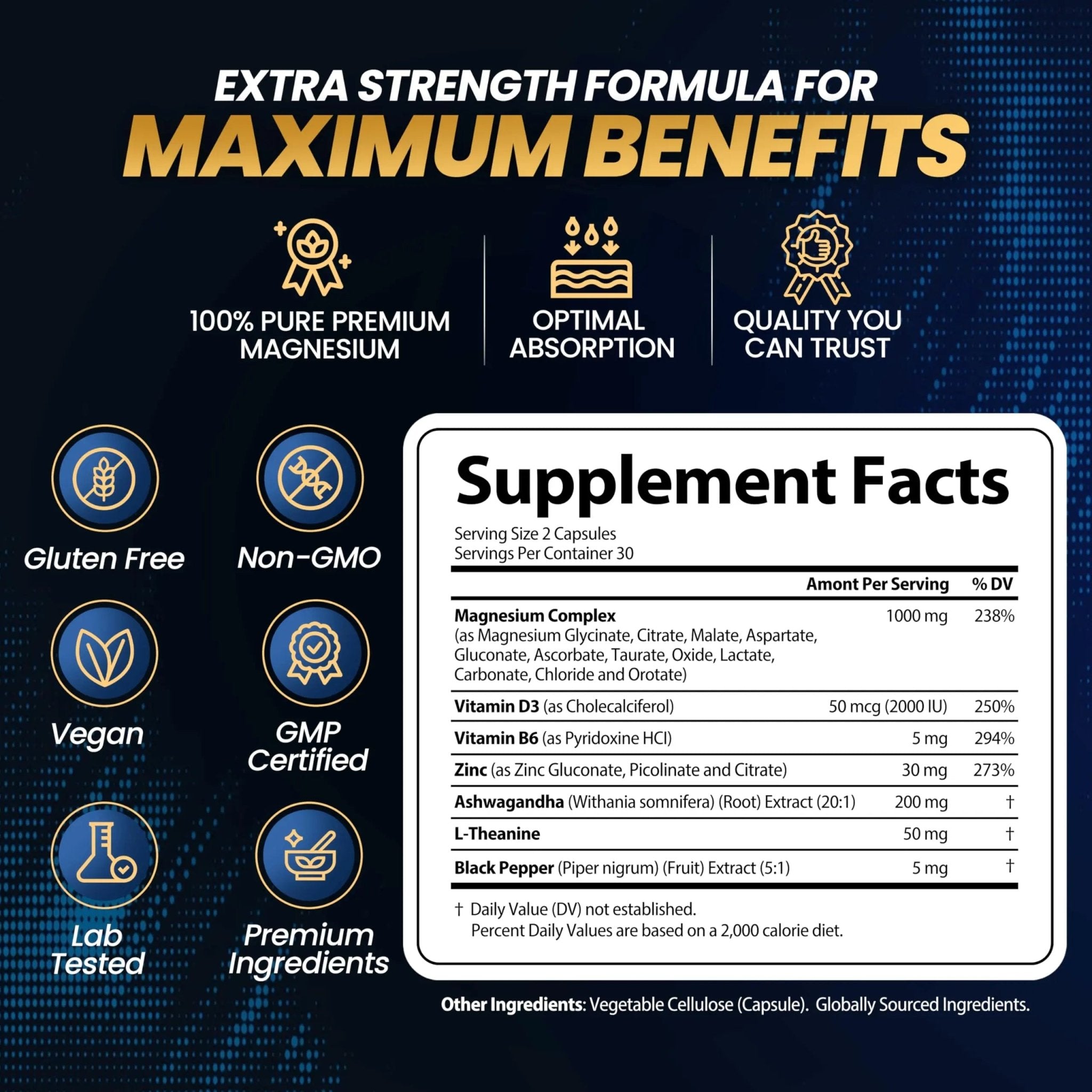 1000mg Magnesium Complex for Women and Men, 12 in 1 Magnesium Supplement with Ashwagandha, Zinc, D3, L-theanine. Easy to Swallow, High Absorption, Sleep Support & Stress Relief (60 Capsules) - TrustMedUSA