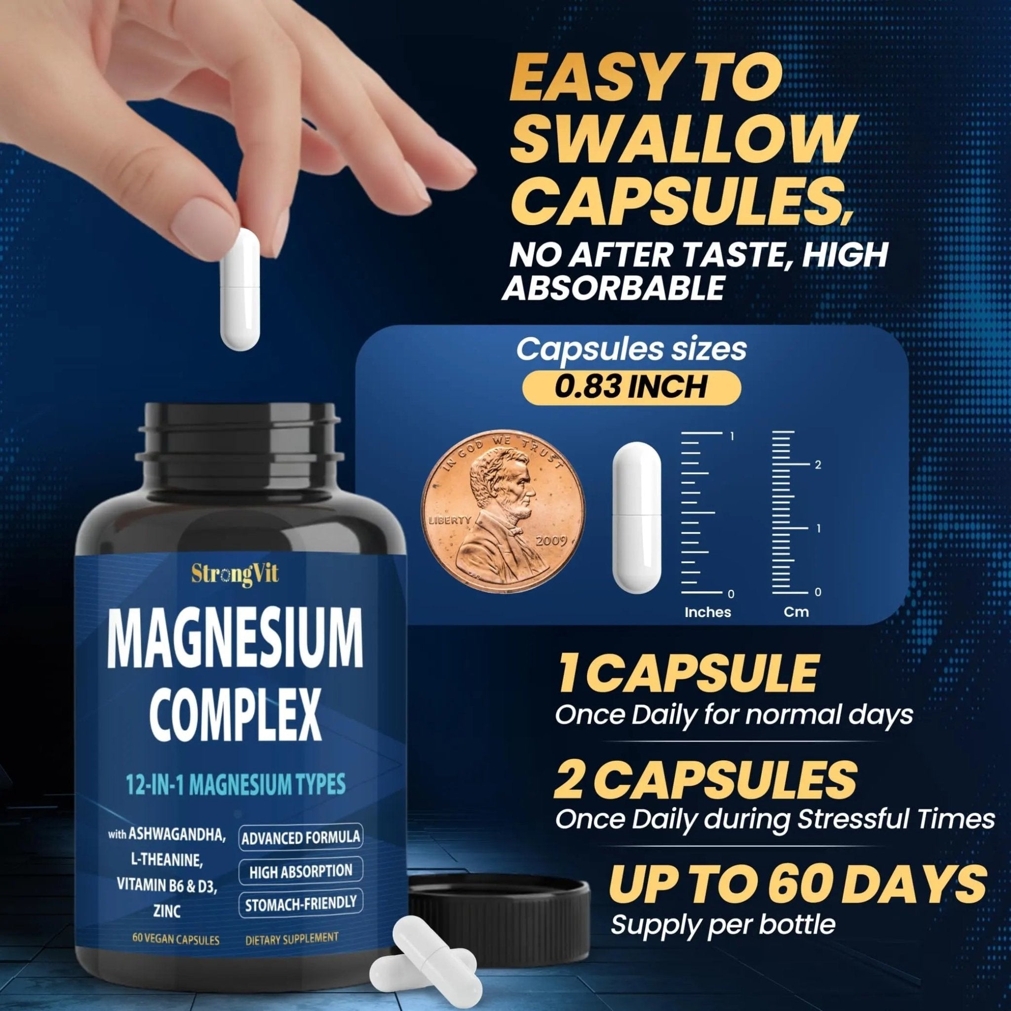 1000mg Magnesium Complex for Women and Men, 12 in 1 Magnesium Supplement with Ashwagandha, Zinc, D3, L-theanine. Easy to Swallow, High Absorption, Sleep Support & Stress Relief (60 Capsules) - TrustMedUSA