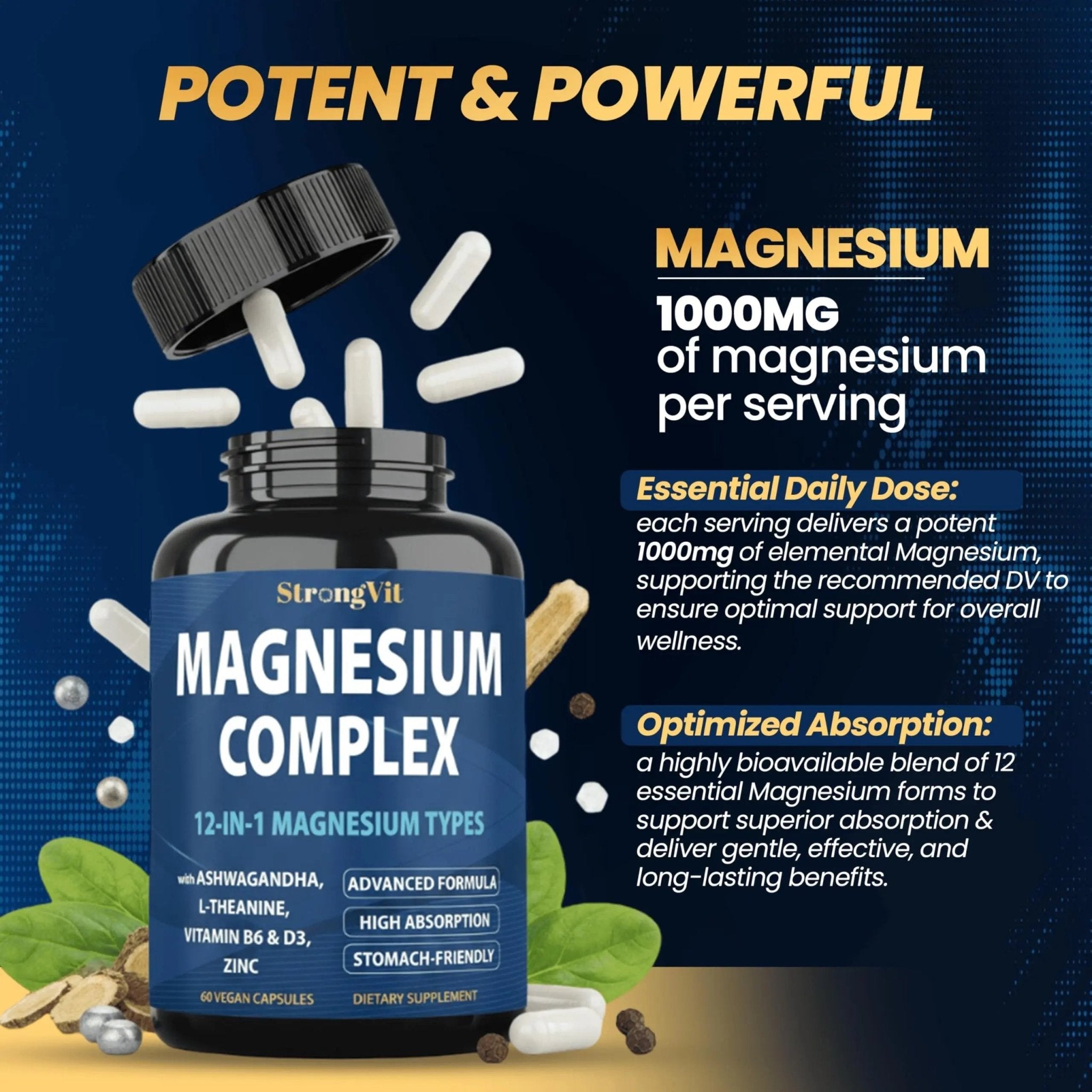 1000mg Magnesium Complex for Women and Men, 12 in 1 Magnesium Supplement with Ashwagandha, Zinc, D3, L-theanine. Easy to Swallow, High Absorption, Sleep Support & Stress Relief (60 Capsules) - TrustMedUSA