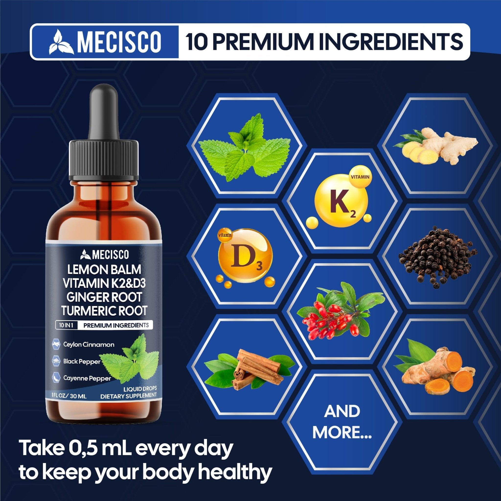 10in1 Lemon Balm Liquid Drops Blend Includes Vitamin D3, Vitamin K2, Lemon Balm, Ginger, Turmeric, Ceylon Cinnamon, Black Pepper, Cayenne Pepper, Berberine, Valerian Root - 1 FL Oz - 2 Month Supply - TrustMedUSA