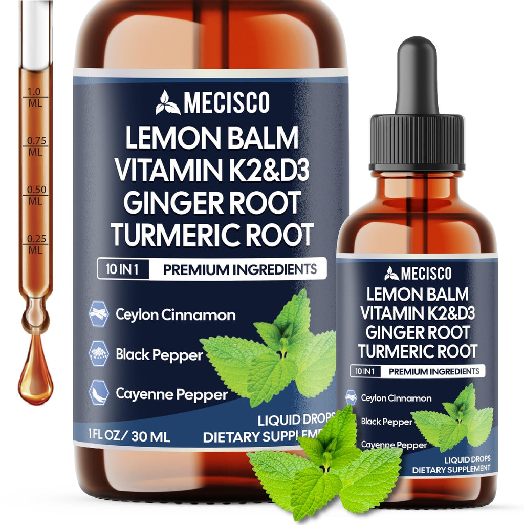 10in1 Lemon Balm Liquid Drops Blend Includes Vitamin D3, Vitamin K2, Lemon Balm, Ginger, Turmeric, Ceylon Cinnamon, Black Pepper, Cayenne Pepper, Berberine, Valerian Root - 1 FL Oz - 2 Month Supply - TrustMedUSA