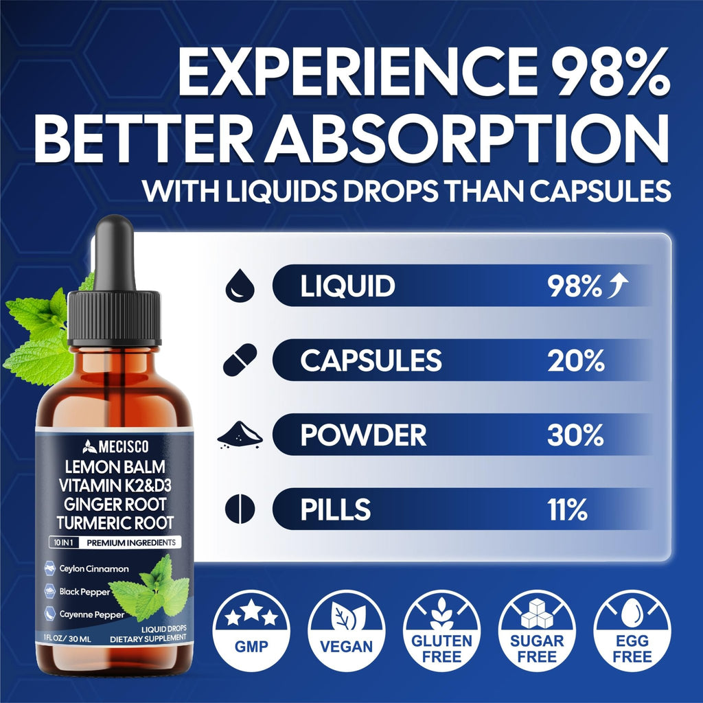 10in1 Lemon Balm Liquid Drops Blend Includes Vitamin D3, Vitamin K2, Lemon Balm, Ginger, Turmeric, Ceylon Cinnamon, Black Pepper, Cayenne Pepper, Berberine, Valerian Root - 1 FL Oz - 2 Month Supply - TrustMedUSA