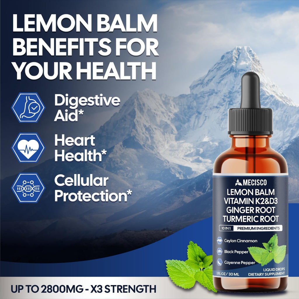 10in1 Lemon Balm Liquid Drops Blend Includes Vitamin D3, Vitamin K2, Lemon Balm, Ginger, Turmeric, Ceylon Cinnamon, Black Pepper, Cayenne Pepper, Berberine, Valerian Root - 1 FL Oz - 2 Month Supply - TrustMedUSA