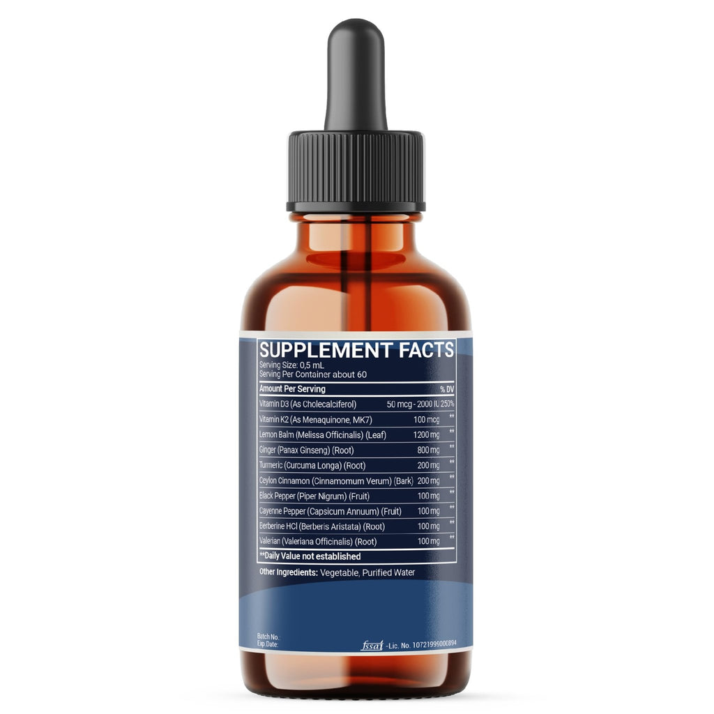 10in1 Lemon Balm Liquid Drops Blend Includes Vitamin D3, Vitamin K2, Lemon Balm, Ginger, Turmeric, Ceylon Cinnamon, Black Pepper, Cayenne Pepper, Berberine, Valerian Root - 1 FL Oz - 2 Month Supply - TrustMedUSA