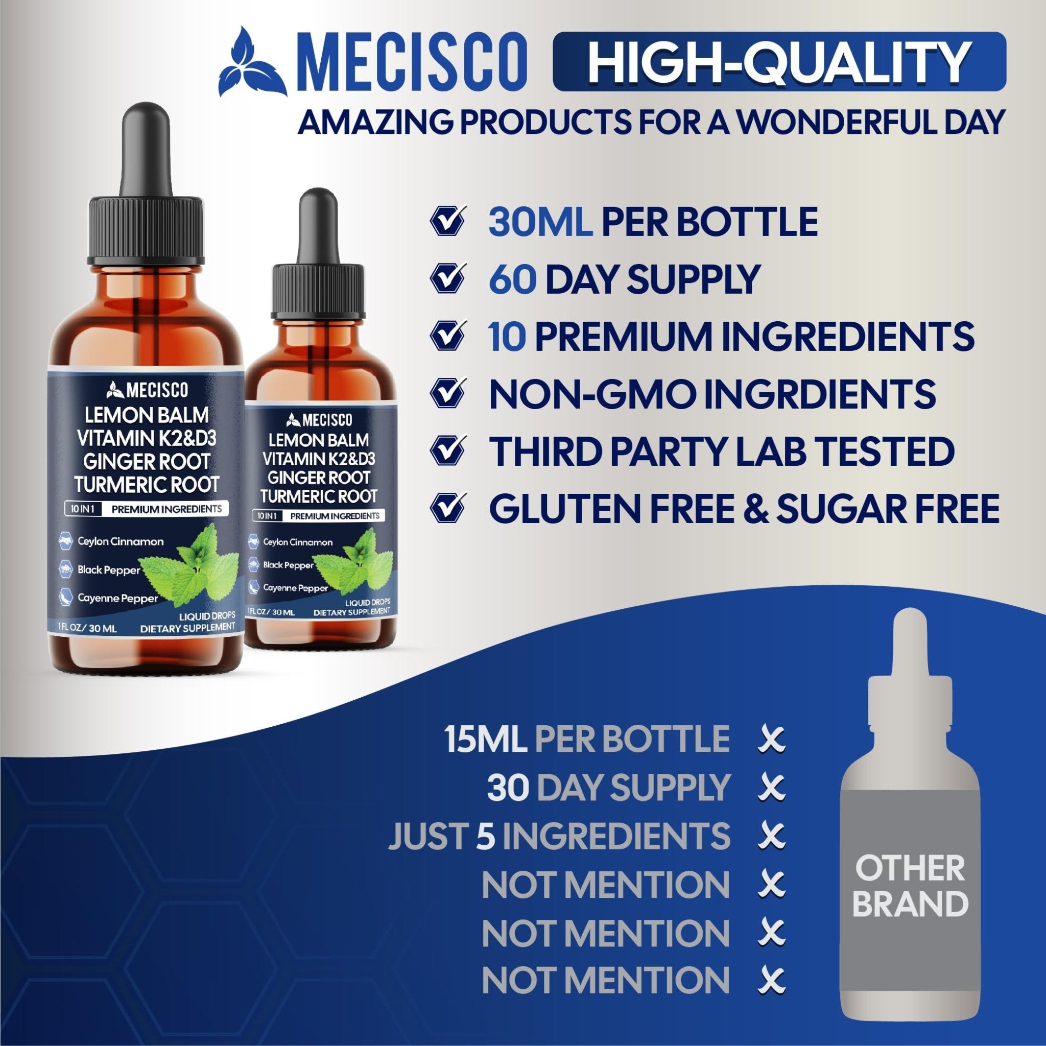 10in1 Lemon Balm Liquid Drops Blend Includes Vitamin D3, Vitamin K2, Lemon Balm, Ginger, Turmeric, Ceylon Cinnamon, Black Pepper, Cayenne Pepper, Berberine, Valerian Root - 1 FL Oz - 2 Month Supply - TrustMedUSA