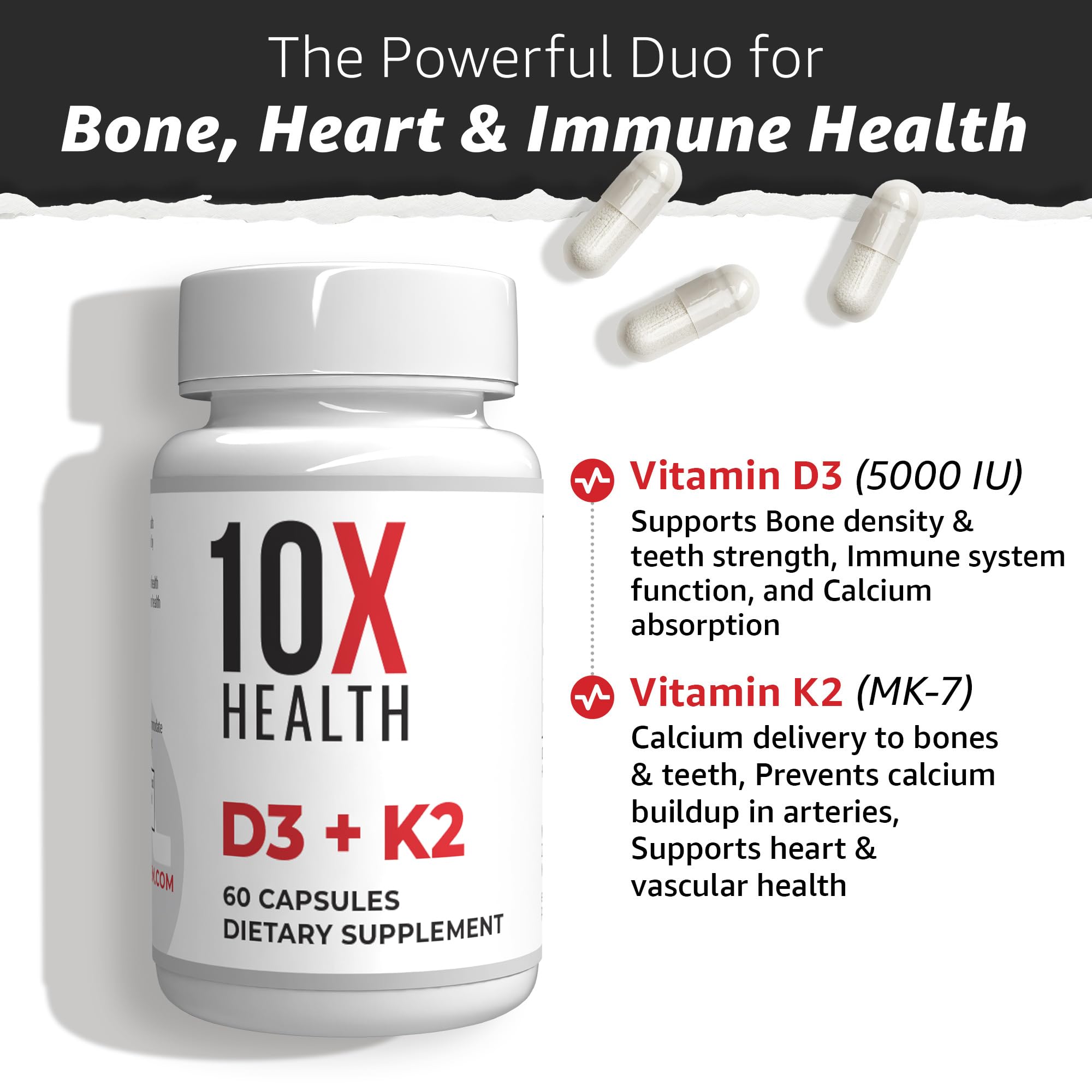 10X Health Vitamin D3 5000 IU & K2 MK7 - Menaquinone 7, High-Potency D3 K2 Vitamin Supplement for Bone Health, Heart and Teeth - 125 mcg Vitamin D & 90 mcg Vitamin K2-60 Capsules - Maple Wellness Supplements