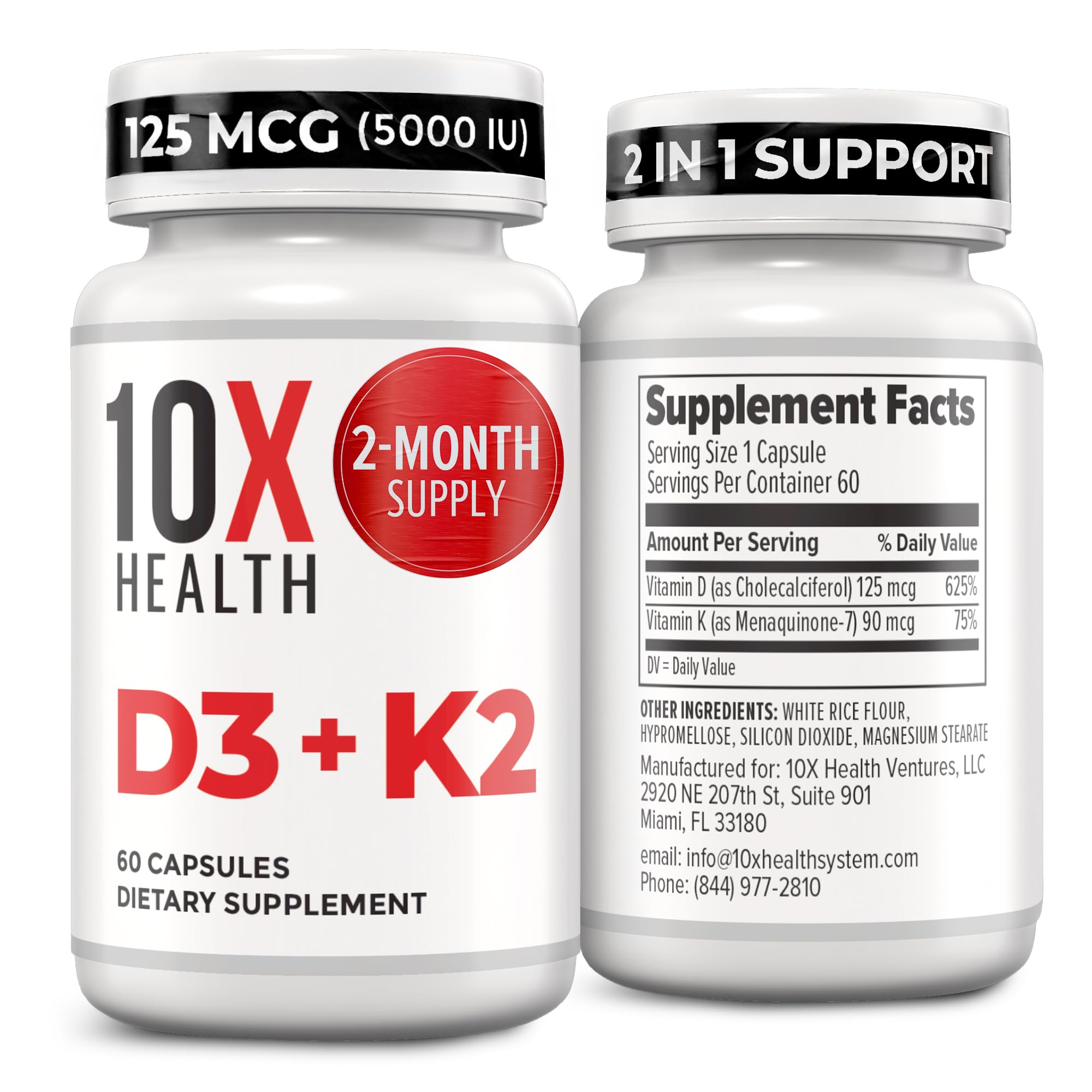 10X Health Vitamin D3 5000 IU & K2 MK7 - Menaquinone 7, High-Potency D3 K2 Vitamin Supplement for Bone Health, Heart and Teeth - 125 mcg Vitamin D & 90 mcg Vitamin K2-60 Capsules - Maple Wellness Supplements