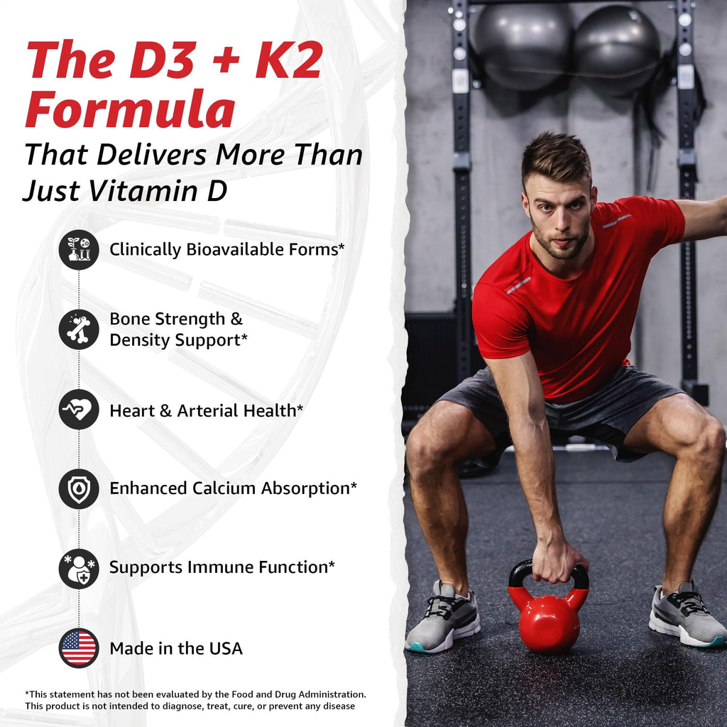 10X Health Vitamin D3 5000 IU & K2 MK7 - Menaquinone 7, High-Potency D3 K2 Vitamin Supplement for Bone Health, Heart and Teeth - 125 mcg Vitamin D & 90 mcg Vitamin K2-60 Capsules - Maple Wellness Supplements