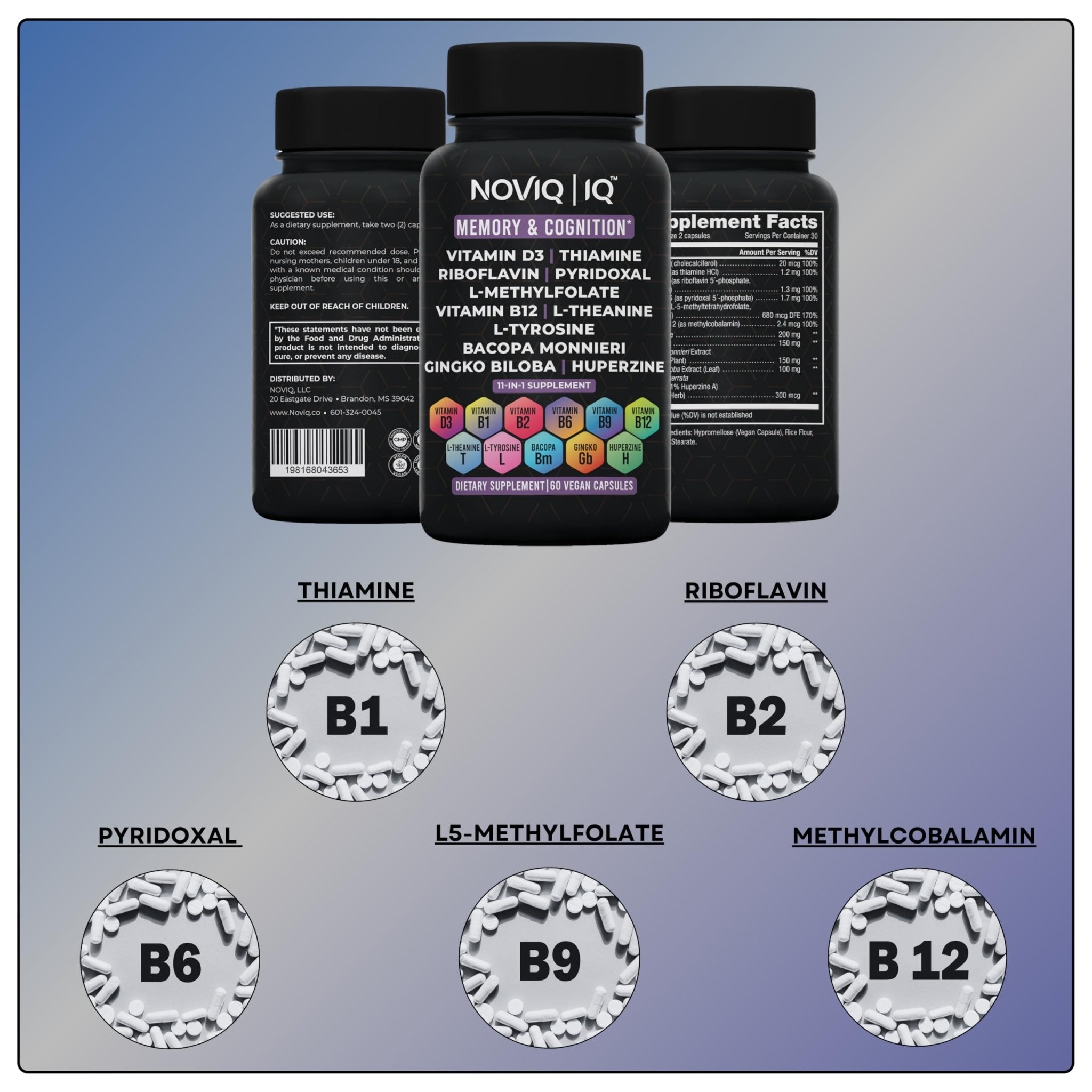 11-in-1 Supplement: Supports Memory & Cognition - 100mg Ginkgo 150mg Bacopa 300mcg Huperzine 200mg L-Theanine 150mg L-Tyrosine & Bioactive B-Complex - TrustMedUSA