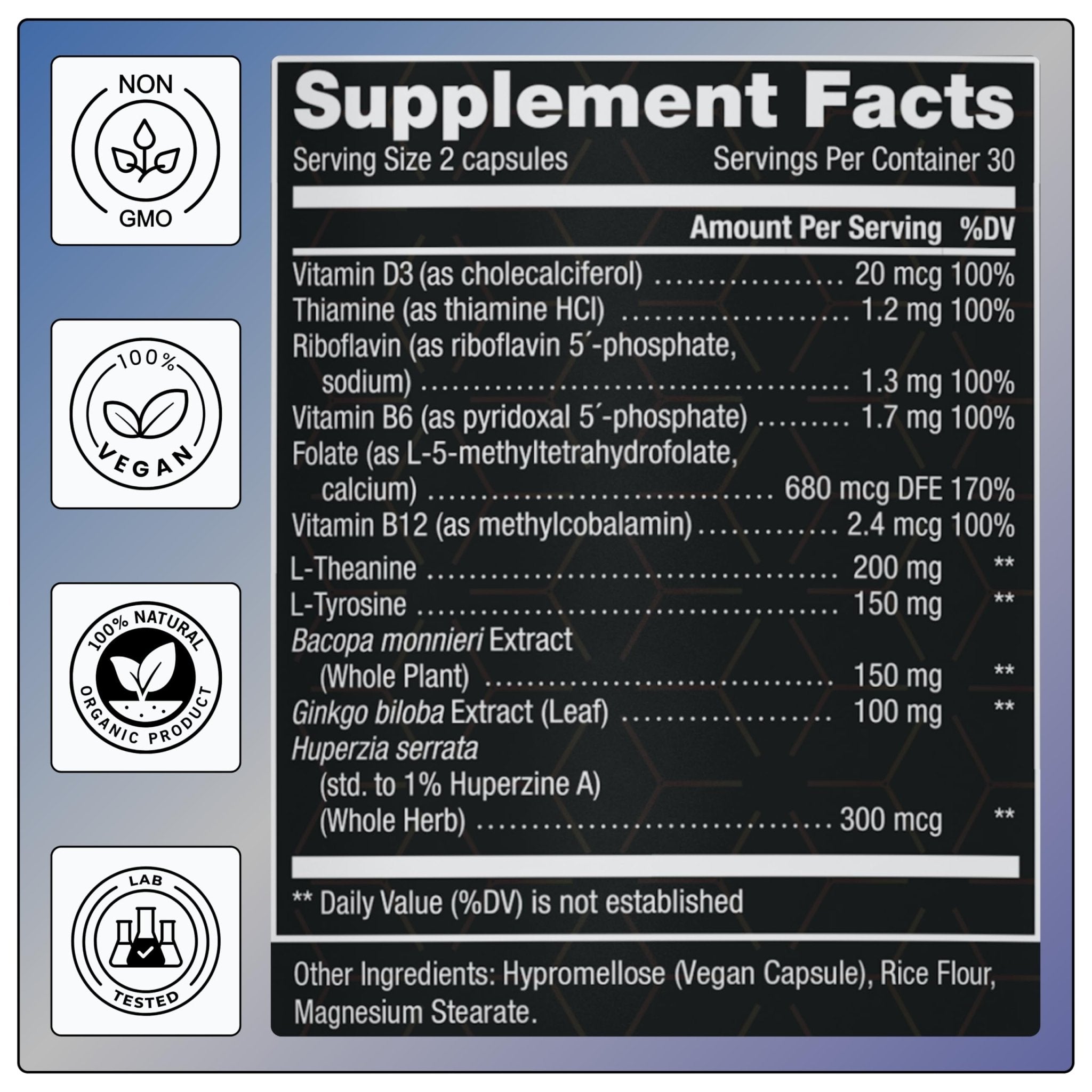 11-in-1 Supplement: Supports Memory & Cognition - 100mg Ginkgo 150mg Bacopa 300mcg Huperzine 200mg L-Theanine 150mg L-Tyrosine & Bioactive B-Complex - TrustMedUSA
