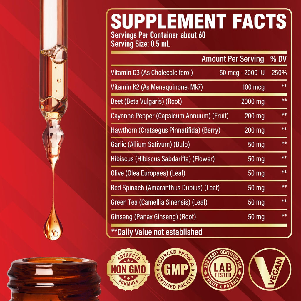 11in1 Beet Root Liquid Drops Supplement with Formula with D3, K2, Hawthorn, Red Spinach, Garlic & Green Tea and More - Supports Immune & Vitality - 1 FL Oz - for 60 Days - TrustMedUSA