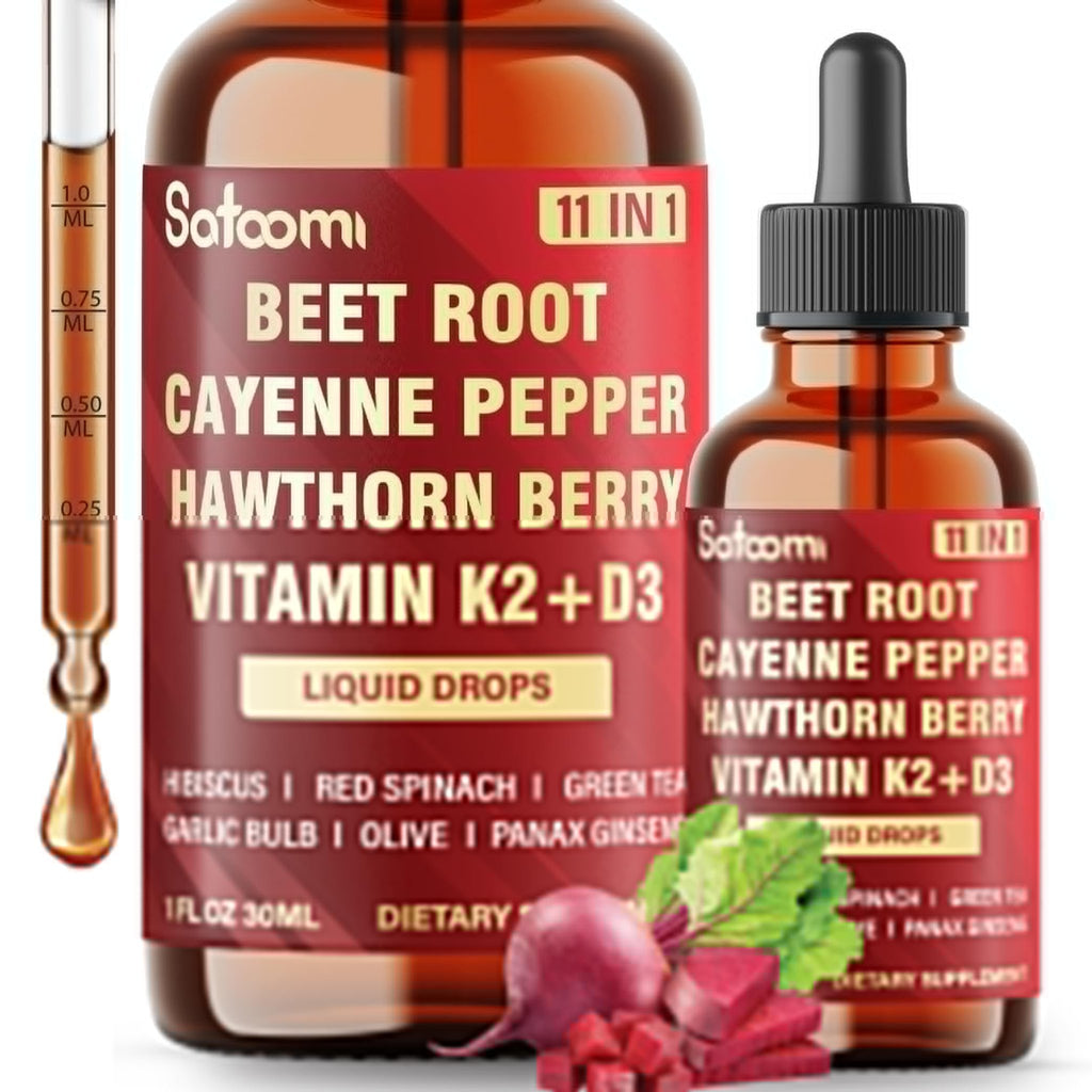 11in1 Beet Root Liquid Drops Supplement with Formula with D3, K2, Hawthorn, Red Spinach, Garlic & Green Tea and More - Supports Immune & Vitality - 1 FL Oz - for 60 Days - TrustMedUSA