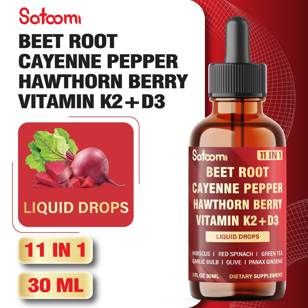 11in1 Beet Root Liquid Drops Supplement with Formula with D3, K2, Hawthorn, Red Spinach, Garlic & Green Tea and More - Supports Immune & Vitality - 1 FL Oz - for 60 Days - TrustMedUSA