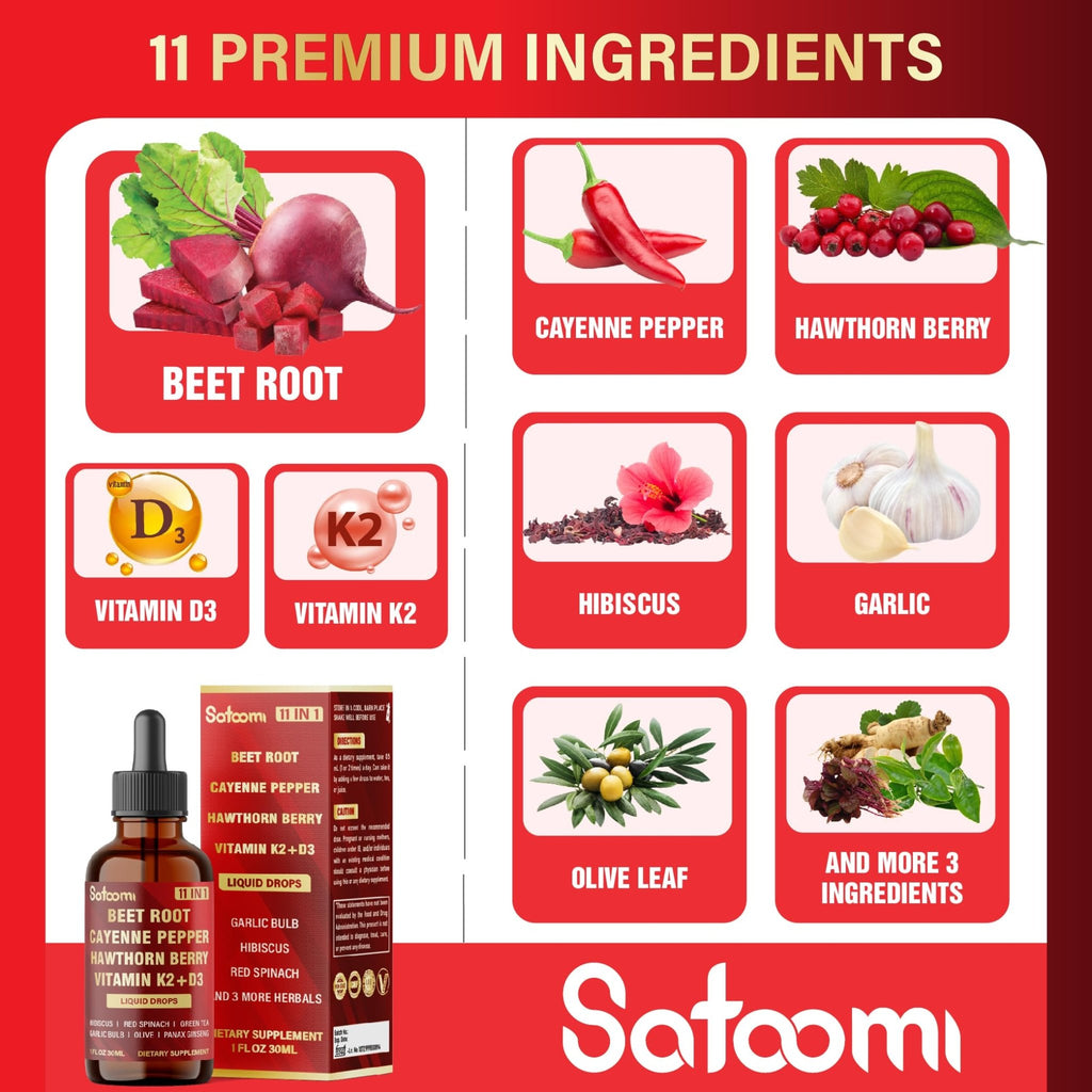 11in1 Beet Root Liquid Drops Supplement with Formula with D3, K2, Hawthorn, Red Spinach, Garlic & Green Tea and More - Supports Immune & Vitality - 1 FL Oz - for 60 Days - TrustMedUSA