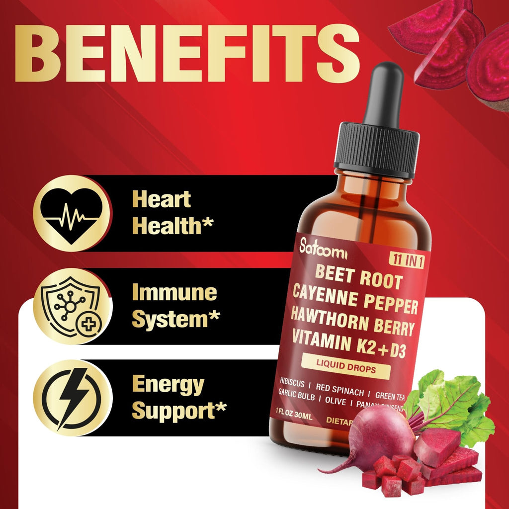 11in1 Beet Root Liquid Drops Supplement with Formula with D3, K2, Hawthorn, Red Spinach, Garlic & Green Tea and More - Supports Immune & Vitality - 1 FL Oz - for 60 Days - TrustMedUSA