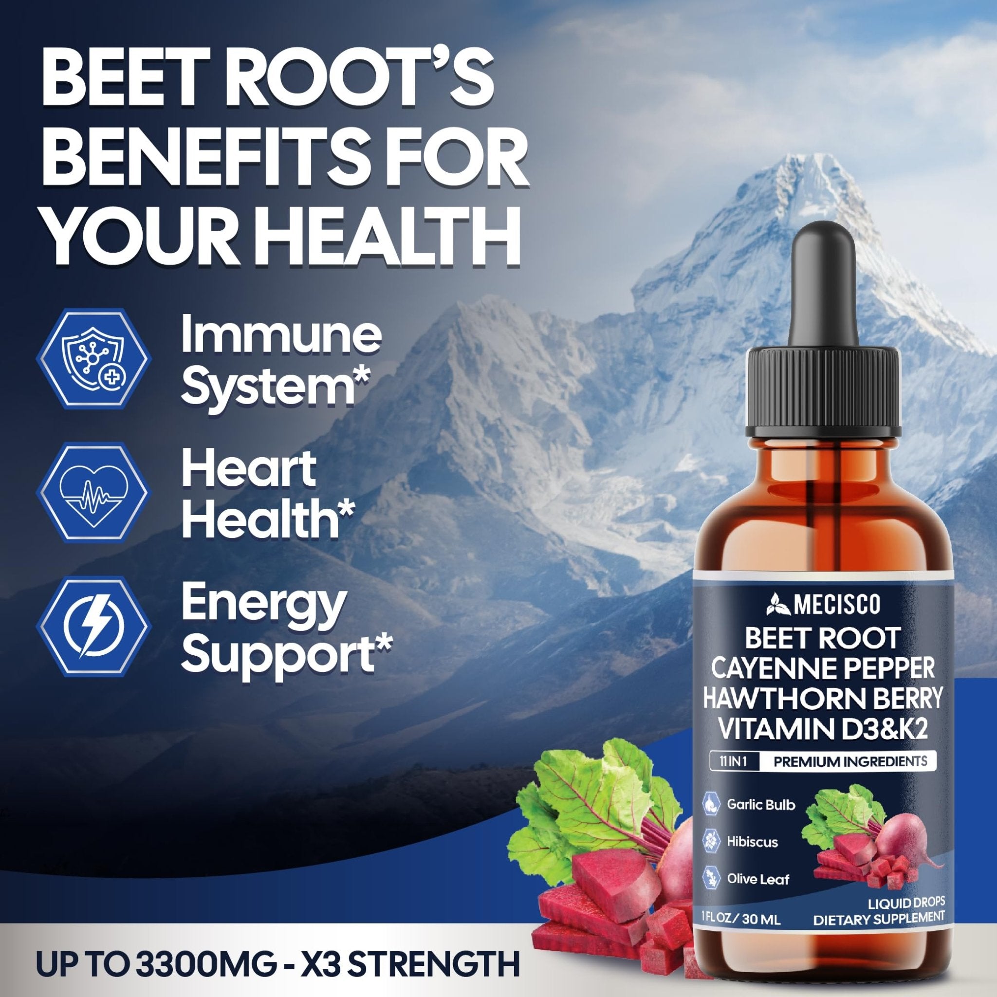 11in1 Beet Root Liquid Drops - Support Overall Wellness - with Vitamin D3, Vitamin K2, Hawthorn Berry, Cayenne Pepper, Garlic, Hibiscus, Olive, Red Spinach, Green Tea - 1 FL Oz - 60 Day Supply - TrustMedUSA