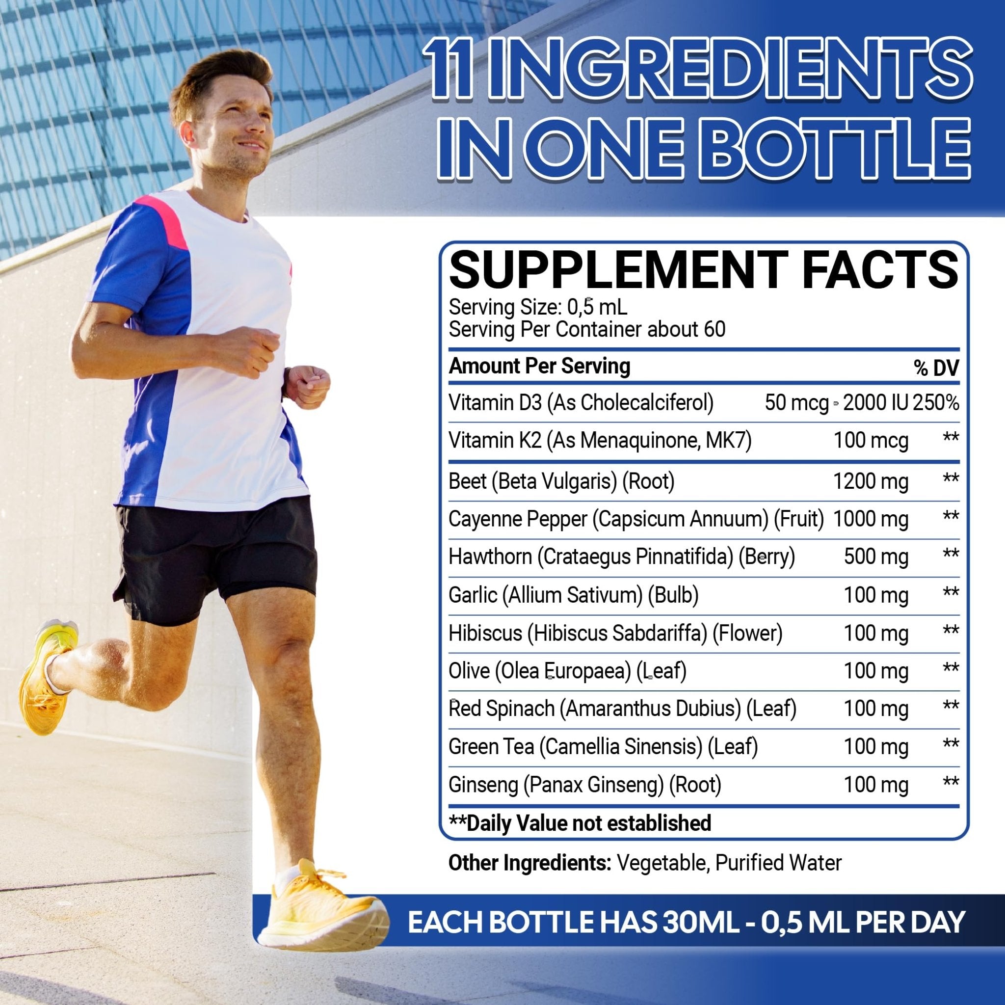 11in1 Beet Root Liquid Drops - Support Overall Wellness - with Vitamin D3, Vitamin K2, Hawthorn Berry, Cayenne Pepper, Garlic, Hibiscus, Olive, Red Spinach, Green Tea - 1 FL Oz - 60 Day Supply - TrustMedUSA