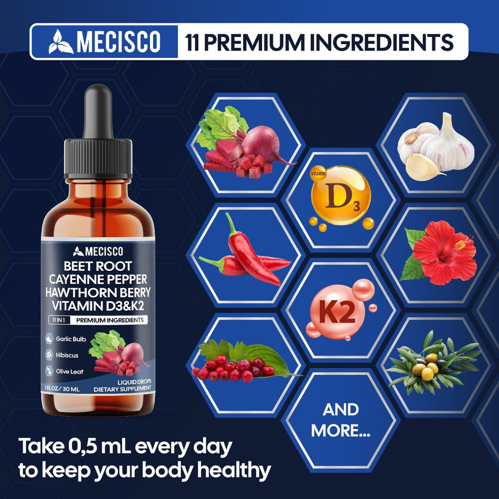 11in1 Beet Root Liquid Drops - Support Overall Wellness - with Vitamin D3, Vitamin K2, Hawthorn Berry, Cayenne Pepper, Garlic, Hibiscus, Olive, Red Spinach, Green Tea - 1 FL Oz - 60 Day Supply - TrustMedUSA