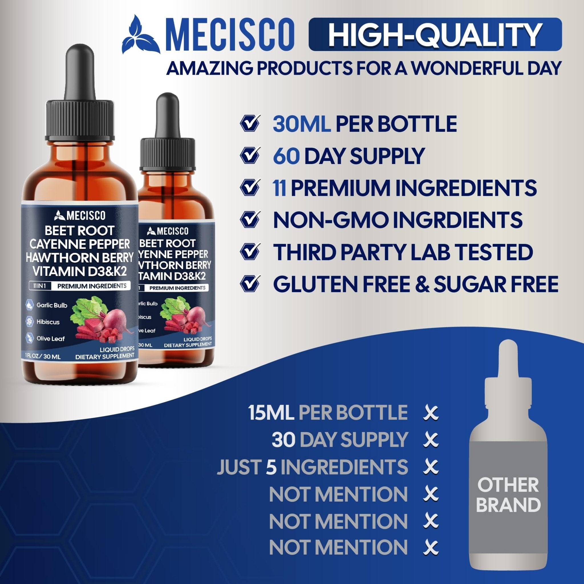 11in1 Beet Root Liquid Drops - Support Overall Wellness - with Vitamin D3, Vitamin K2, Hawthorn Berry, Cayenne Pepper, Garlic, Hibiscus, Olive, Red Spinach, Green Tea - 1 FL Oz - 60 Day Supply - TrustMedUSA