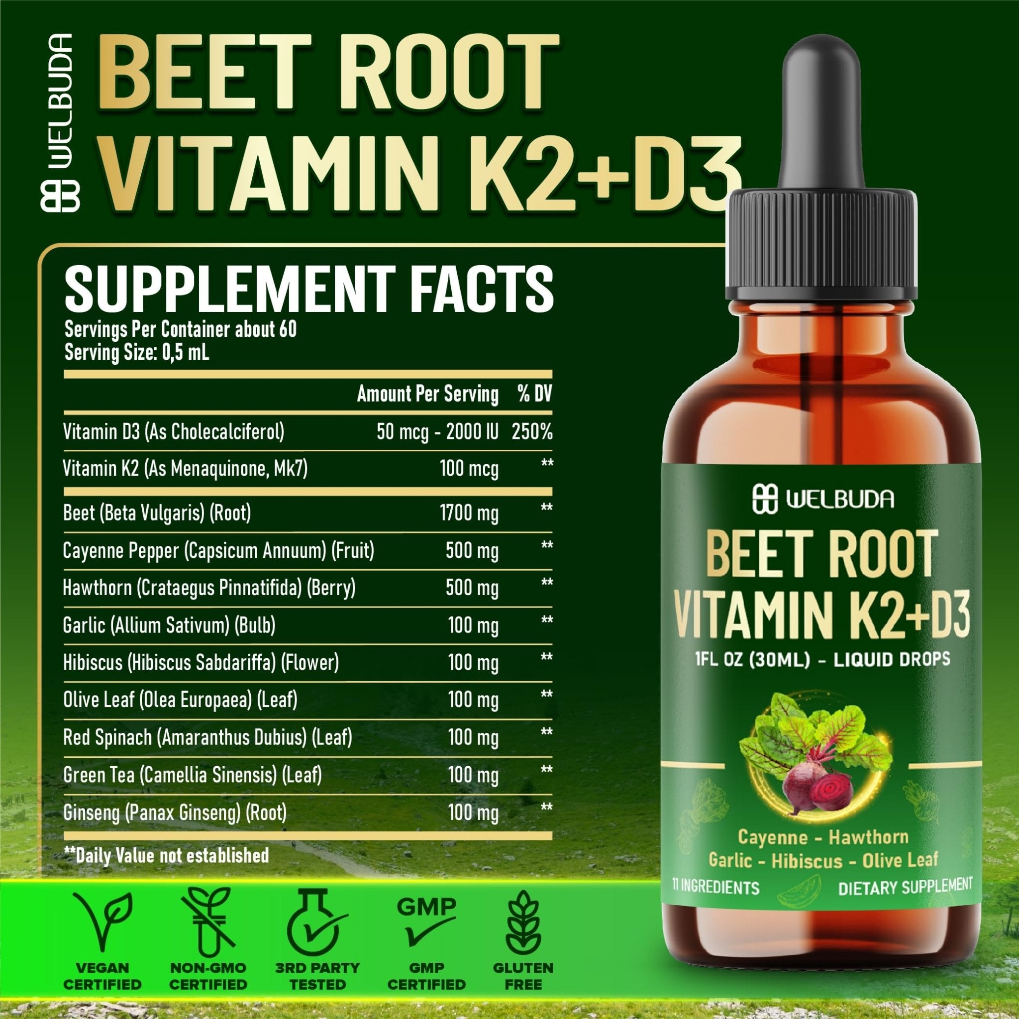 11in1 Beet Root Liquid Supplement - for Support Immune, Energy - with Vitamin D3, Vitamin K2, Hawthorn Berry, Cayenne Pepper, Garlic, Hibiscus, Olive, Red Spinach, Green Tea - 1 FL Oz - 30 Servings - TrustMedUSA