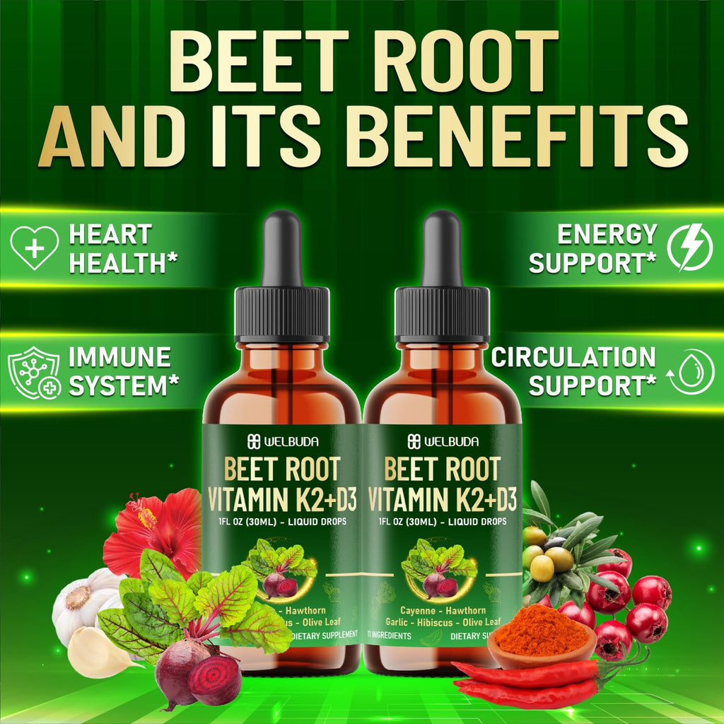 11in1 Beet Root Liquid Supplement - for Support Immune, Energy - with Vitamin D3, Vitamin K2, Hawthorn Berry, Cayenne Pepper, Garlic, Hibiscus, Olive, Red Spinach, Green Tea - 1 FL Oz - 30 Servings - TrustMedUSA