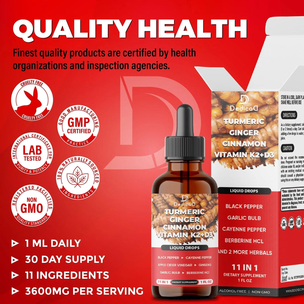 11in1 Liquid Turmeric Supplement – with Ginger, Garlic, Ceylon Cinnamon, Berberine, Ginseng, Apple Cider Vinegar – 1 Fl Oz – 30 Servings - TrustMedUSA