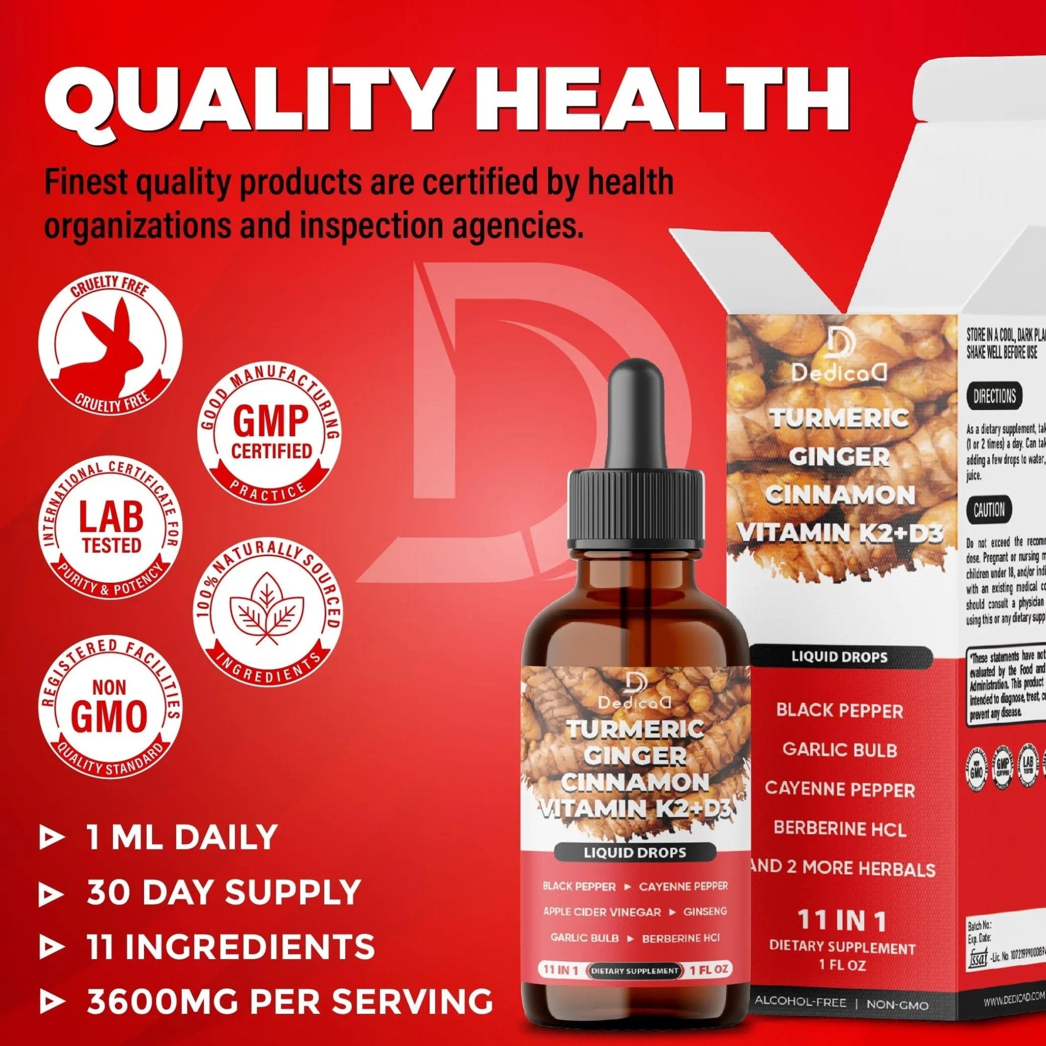 11in1 Liquid Turmeric Supplement – with Ginger, Garlic, Ceylon Cinnamon, Berberine, Ginseng, Apple Cider Vinegar – 1 Fl Oz – 30 Servings - TrustMedUSA