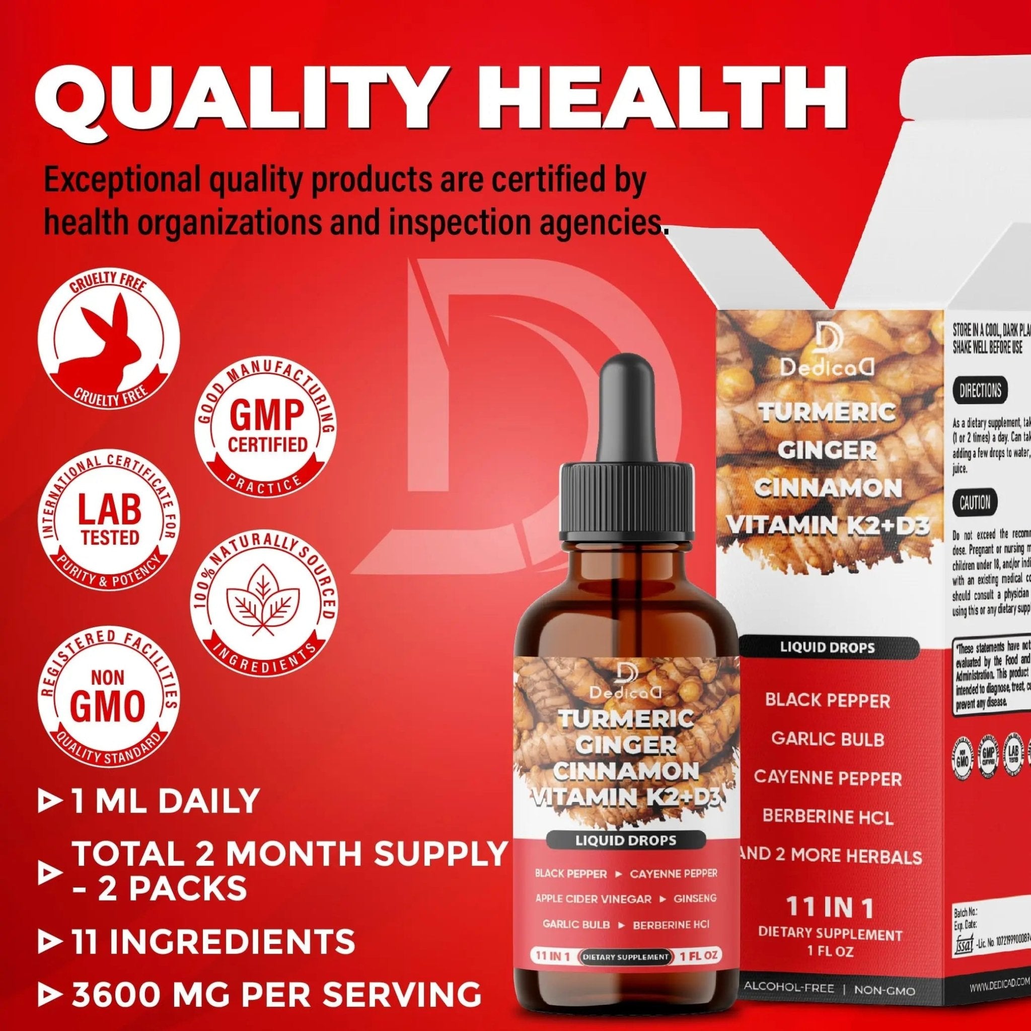 11in1 Turmeric Supplement for Health Heart & Wellness Support – with Ginger, Garlic, Ceylon Cinnamon, Berberine, Ginseng, Apple Cider Vinegar – 30ml Liquid Drops – 60 Servings - TrustMedUSA